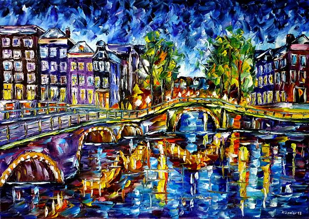 oilpainting,modern,impressionism,holland,netherlands,cityscape,amstel,ij,river,bridge,grachten,summerevening,canals,summernight