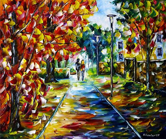 oilpainting, impressionism, autumn, autumnlandscape, lovecouple, handinhand, walking