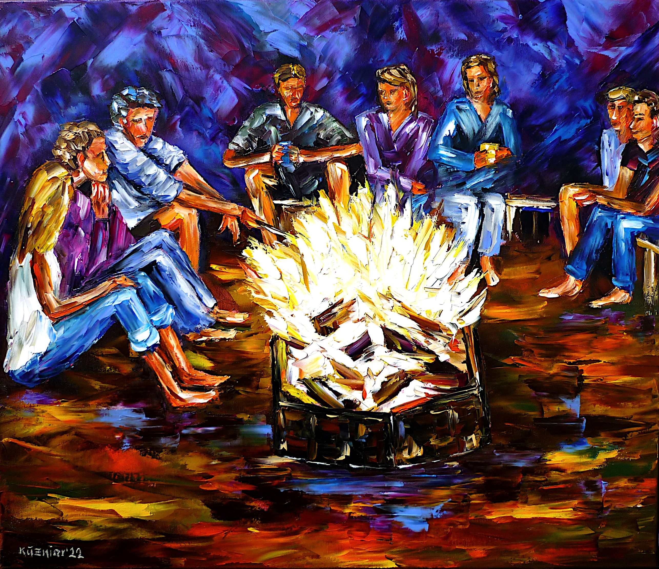 People by the campfire,campfire at night,sitting at the campfire,campfire romance,grilling at the campfire,people grilling,night romance,fire at night,camping,camping romance,family grilling,sitting together,family celebration,people in summer,summer night,summer barbecue,summer feelings,summertime,summer painting,summer picture,beautiful time,peaceful,people in the green,people outdoors,people in nature,romantic scene,romantic night,romantic picture,palette knife oil painting,modern art,modern painting,impressionism,expressionism,abstract painting,lively colors,colorful painting,bright colors,light reflections,impasto painting,figurative