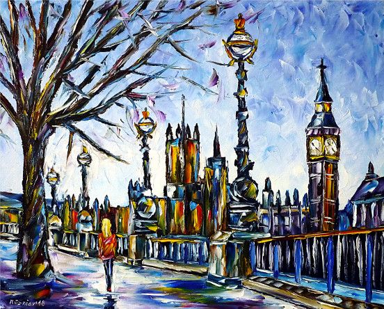 oilpainting,modern,impressionism,london,woman,walking,big-ben,cityscape,river,tower-bridge,london-bridge
