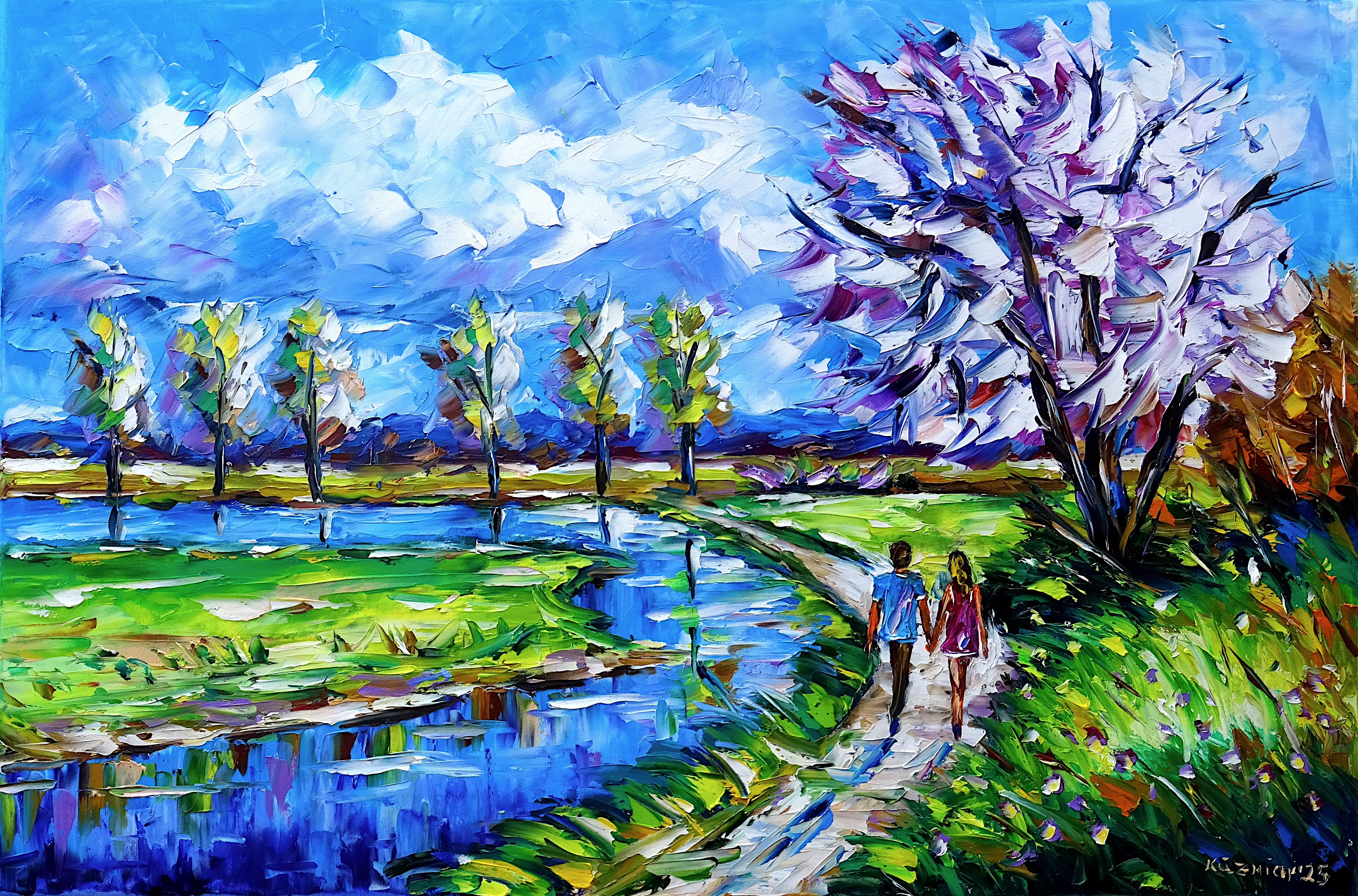 frühling,frühlingslandschaft,liebespaar,verliebtes paar,verliebte menschen,spazieren,am fluss spazieren,blauer himmel,am fluss,frühlingsfluss,hand in hand,händchen halten,frühlingsspaziergang,liebe,romantisch,frühlingsromantik,frühlingsschönheit,frühlingsbaum,frühlingsfarben,frühlingsgrün,frühlingsimpression,frühlingsliebe,frühlingsstimmung,frühlingsgemälde,friedlich,lebendigkeit,Spachtel Ölgemälde,ölmalerei,spachtelmalerei,spachteltechnik,expressive Kunst,impressionismus,expressive Malerei,lebendige Farben,bunte Malerei,impasto Malerei,figurativ