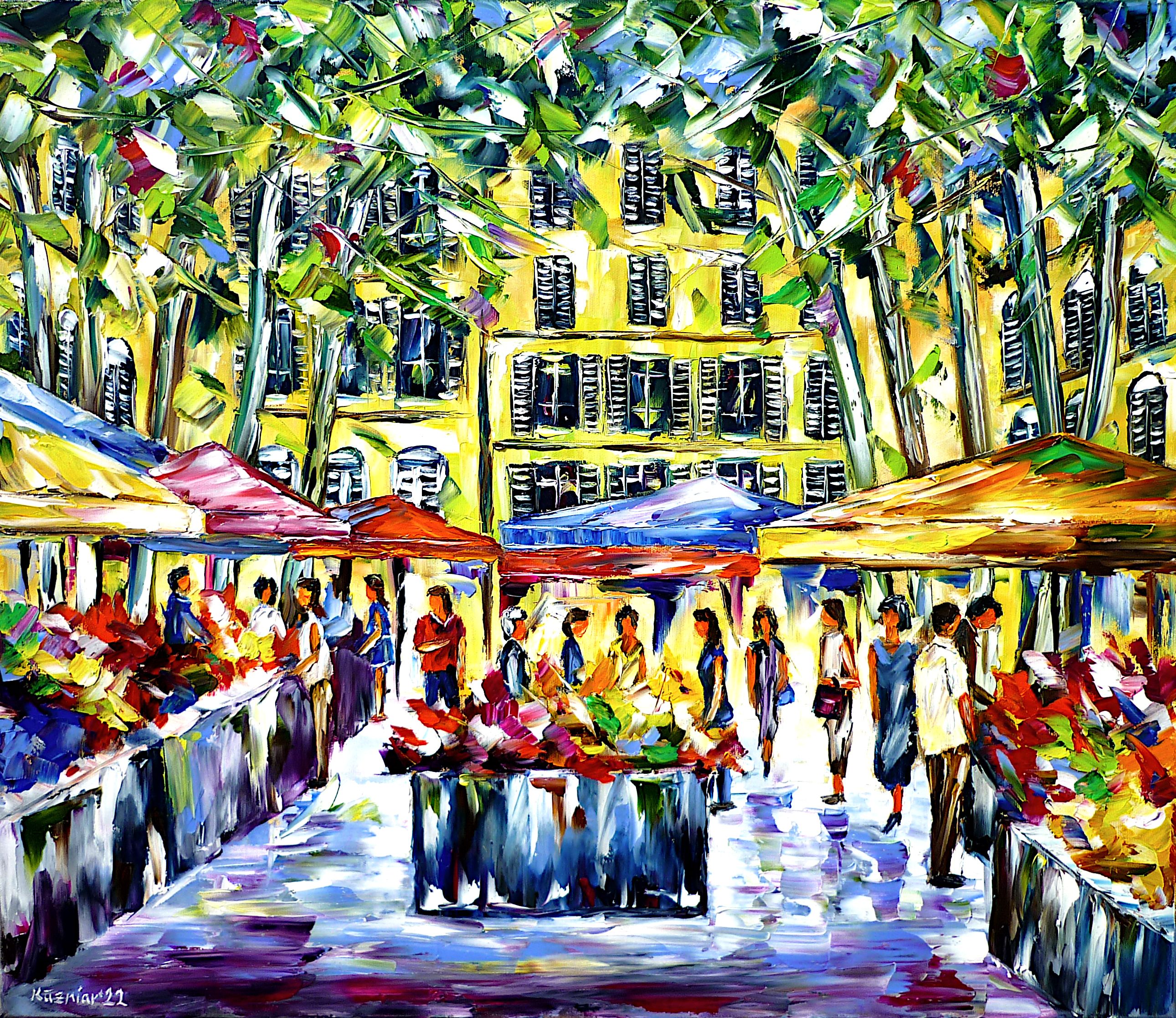 market in Aix-en-Provence,market scene,people in the market,market stall,market stalls market life,marketplace,people strolling,strolling people,market stroll,city stroll,market people,market picture,market painting,flea market,flower market,flower stall,large parasols,market in the city,market day,colorful market,market love,market visitors,market goers,market in provence,provence cityscape,Old town of Aix,Aix-en-Provence,France,southern France,Provence,Cote d'Azur,summer in Provence,summer in southern france,people in summer,summer feelings,summer picture,summer painting,summer scenery,beautiful provence,summer day,sunlight,summer time,enjoy life,under the trees,provence beauty,provence love,provence lover,france love,palette knife oil painting,modern art,impressionism,expressionism,abstract painting,lively colors,colorful painting,bright colors,light reflections,impasto painting,figurative