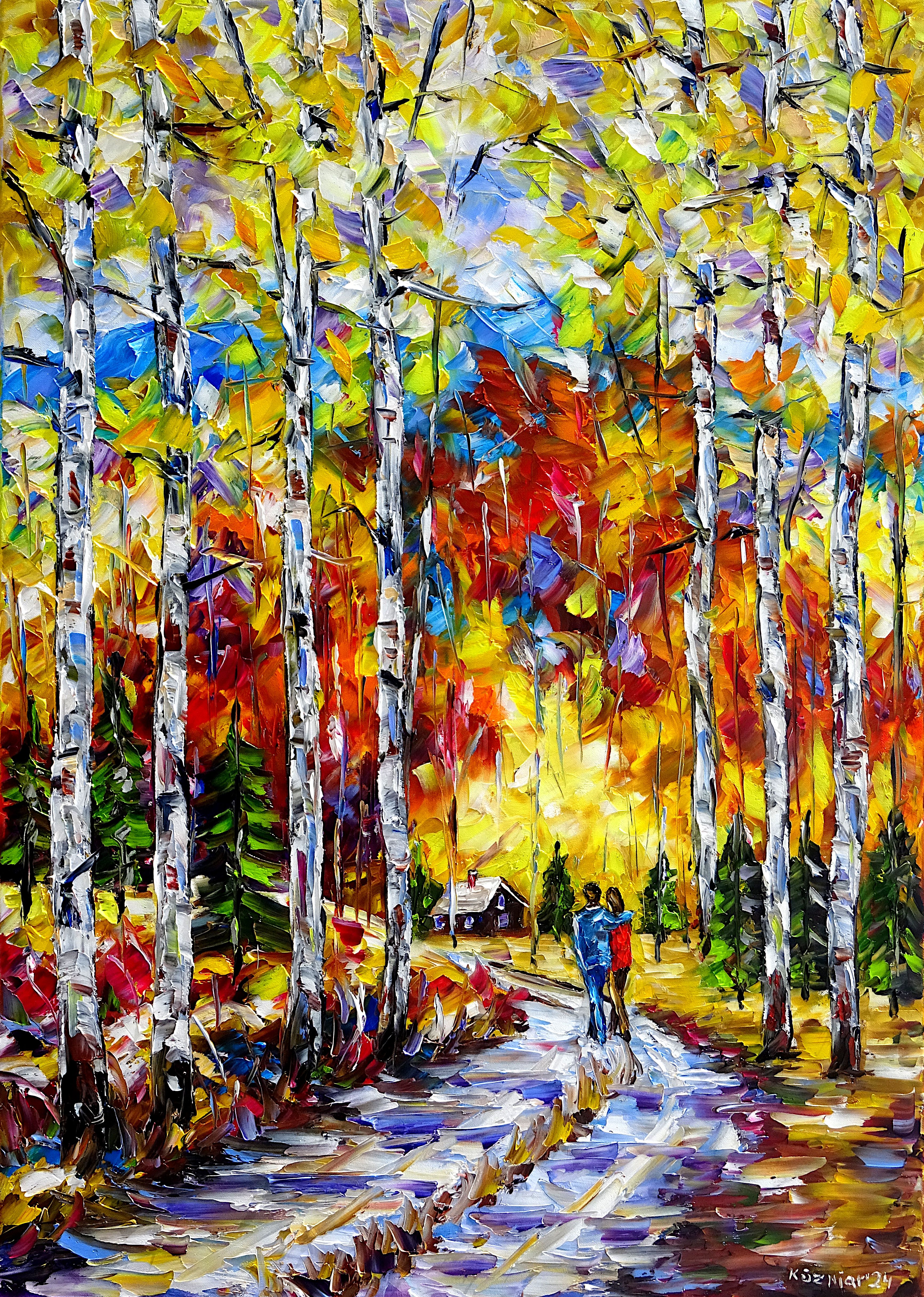 autumn,fall,autumn landscape,autumn trees,aspens,birch trees,yellow aspens,aspen landscape,autumn path,autumn road,lovers,couple in love,walking,hugging,forest house,forest hut,autumn walk,autumn forest,aspen forest,yellow colors,yellow painting,autumn colors,colorful autumn,yellow autumn,autumn beauty,autumn painting,autumn picture,autumn love,long format,vertical format,autumn abstract,autumn impression,autumn romance,palette knife oil painting,expressive art,expressive painting,expressionism,lively colors,colorful painting,impasto painting,figurative