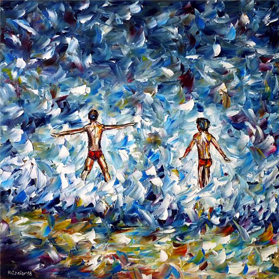 oilpainting,impressionism,bathing,playing,boys,beach,waves,swimming,childrenonthebeach,waterpainting,seapainting,playingchildren