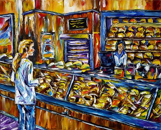 oilpainting,modern,impressionism,bakery,bakery-counter,bread,buns,cakes,sweets,shop,bakery-saleswoman,pretzels,pastries, coffee-cakes,pie,pastry,bake-house,food