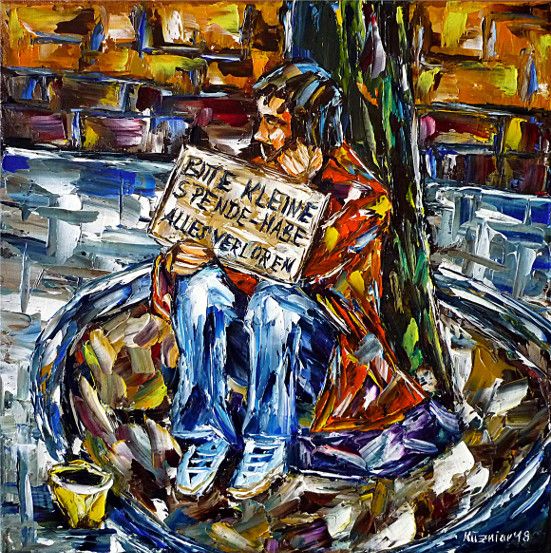 oilpainting,modern,impressionism,tramp,bum,begging,poor,poorpeople,needy,unemployed,jobless,cityscape,cityscene