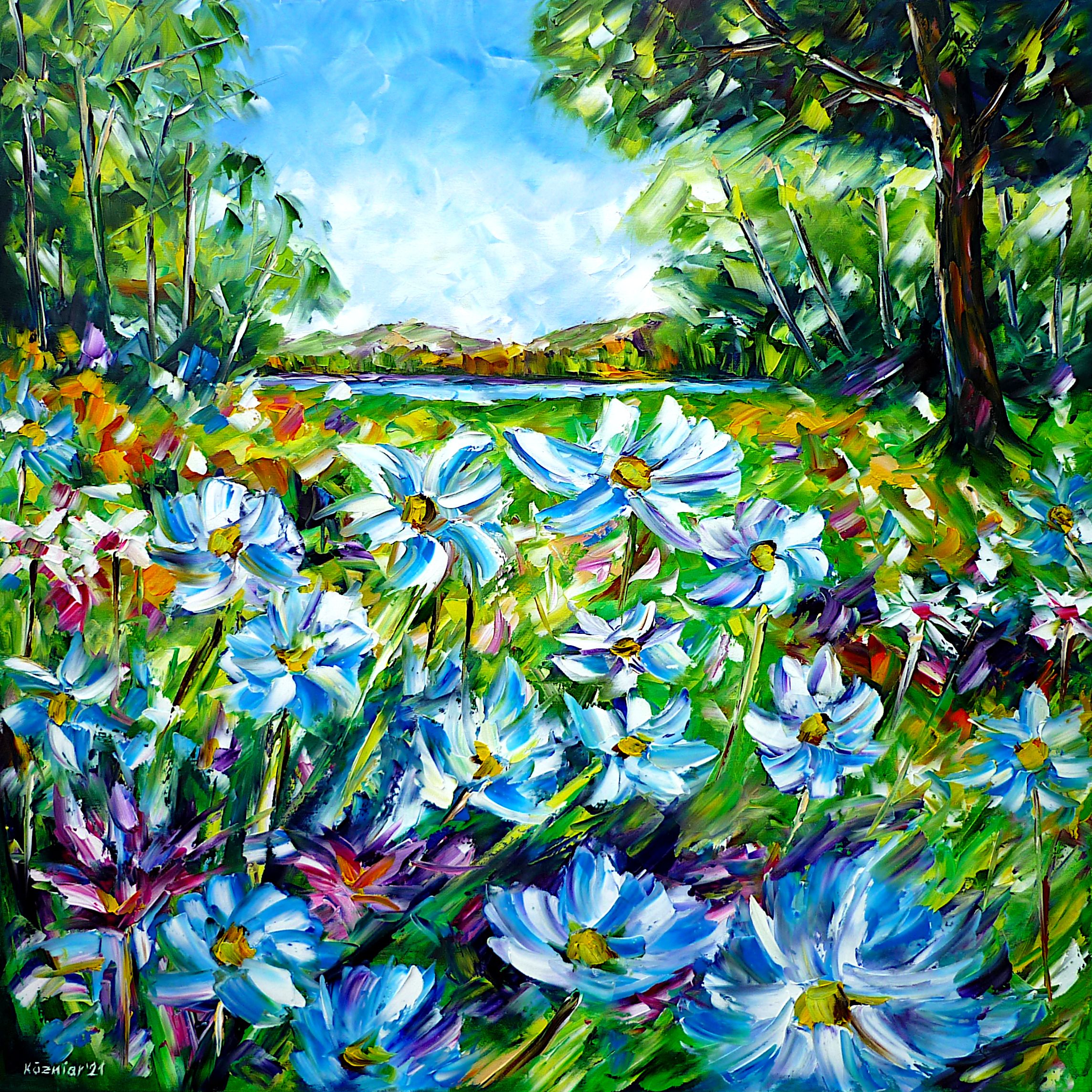 wild flowers,field flowers,summer meadow,summer painting,summer picture,summer landscape,summer colors,spring colors,green meadow,summer feelings,landscape painting,landscape picture,flowers on the meadow,meadow flowers,square format,square painting,square picture,blue-green picture,blue-green painting,joy,friendly picture,friendly painting,peace,peaceful picture,peaceful painting,palette knife oil painting,modernart,impressionism,expressionism,figurative,abstract painting,lively colours,colorful painting,bright colors,light reflections,impasto painting,living room art,living room picture,living room painting