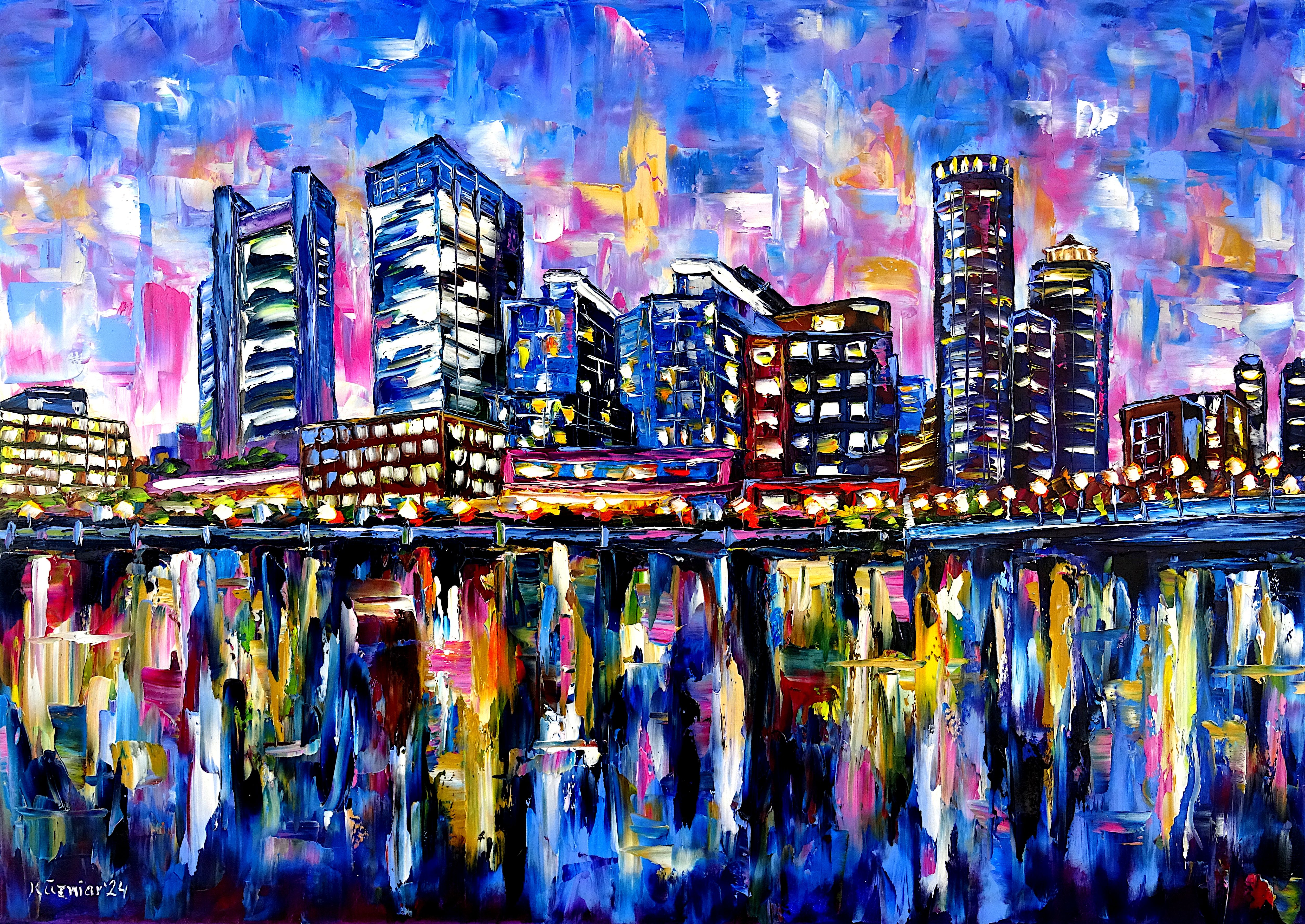 boston,skyline,boston harbor,boston view,boston in the evening,boston in the evening light,dusk,sky over boston,boston abstract,boston skycrapers,water reflections,abstract sky,blue and pink,boston picture,boston painting,shining city,liveliness,vivid,vibrant,sparkling sky,palette knife oil painting,expressive art,expressive painting,expressionism,lively colors,colorful painting,impasto painting,figurative