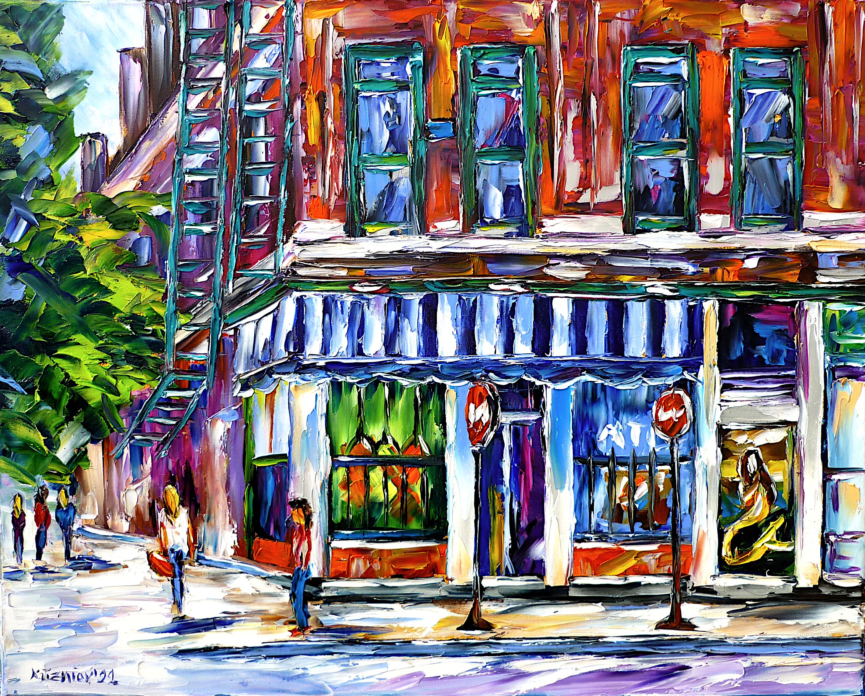chicago city scene,streets of chicago,chicago cityscape,chicago streetscape,yaya's mini mart,building fire escape,city pedestrian,city people,chicago people,chicago oil painting,chicago supermarket,shopping,city walk,city stroll,strolling people,people on street,beautiful chicago,old chicago,chicago love,chicago lovers,i love chicago,chicago beauty,chicago alive,chicago life,chicago colorful,city life,chicago abstract,palette knife oil painting,modern art,impressionism,abstract painting,lively colors,colorful painting,bright colors,light reflections,impasto painting,figurative