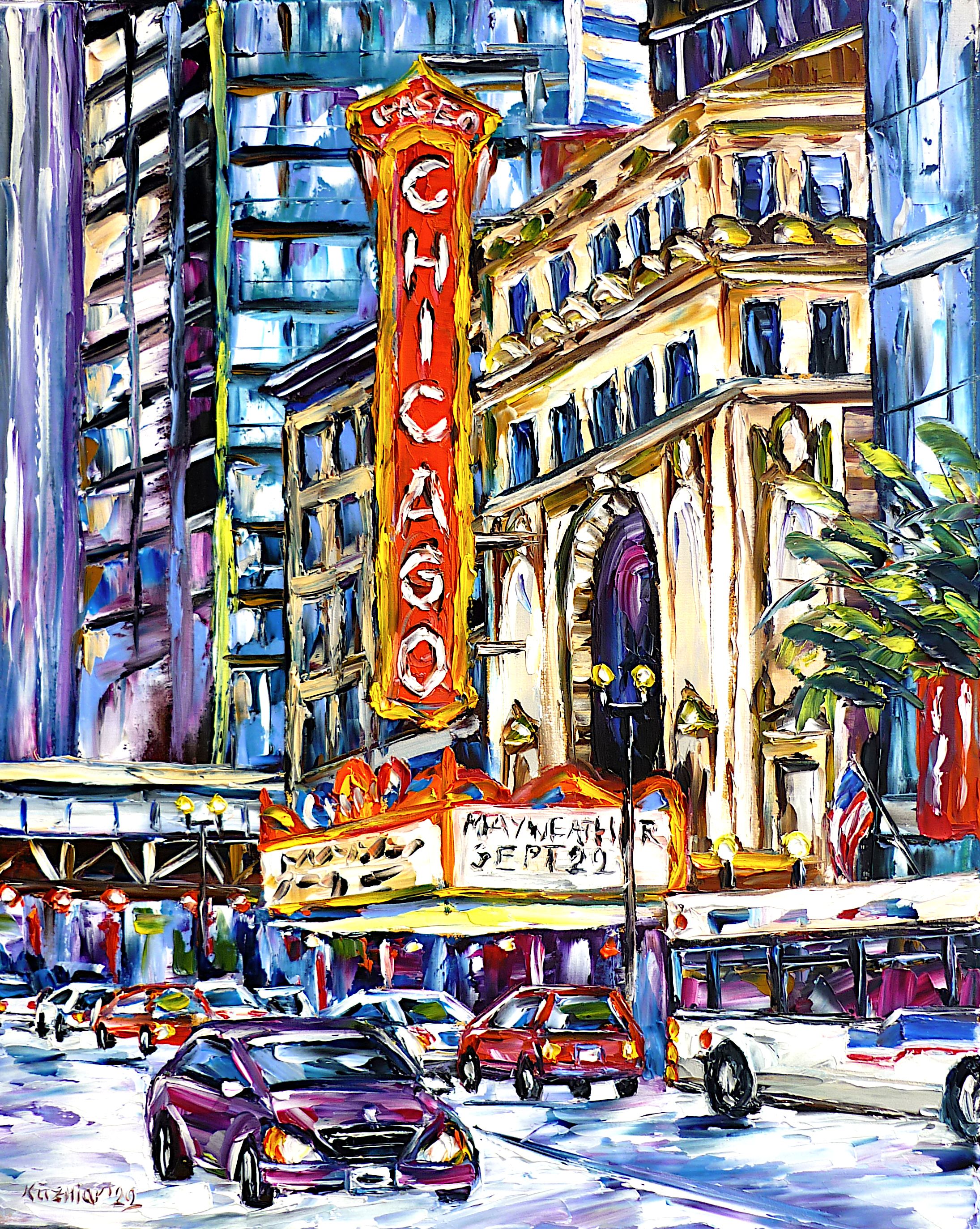 chicago theatre oil painting,chicago theater picture,chicago street scene,chicago city scene,streets of chicago,chicago cityscape,chicago road traffic,chicago cars,chicago bus,chicago state street,chicago buildings,chicago streetscape,us flag,flag of the united states of america,stars and stripes,chicago love,chicago lovers,i love chicago,chicago beauty,chicago alive,chicago life,chicago colorful,city life,chicago abstract,city theater,palette knife oil painting,modern art,impressionism,abstract painting,lively colors,colorful painting,bright colors,light reflections,impasto painting,figurative