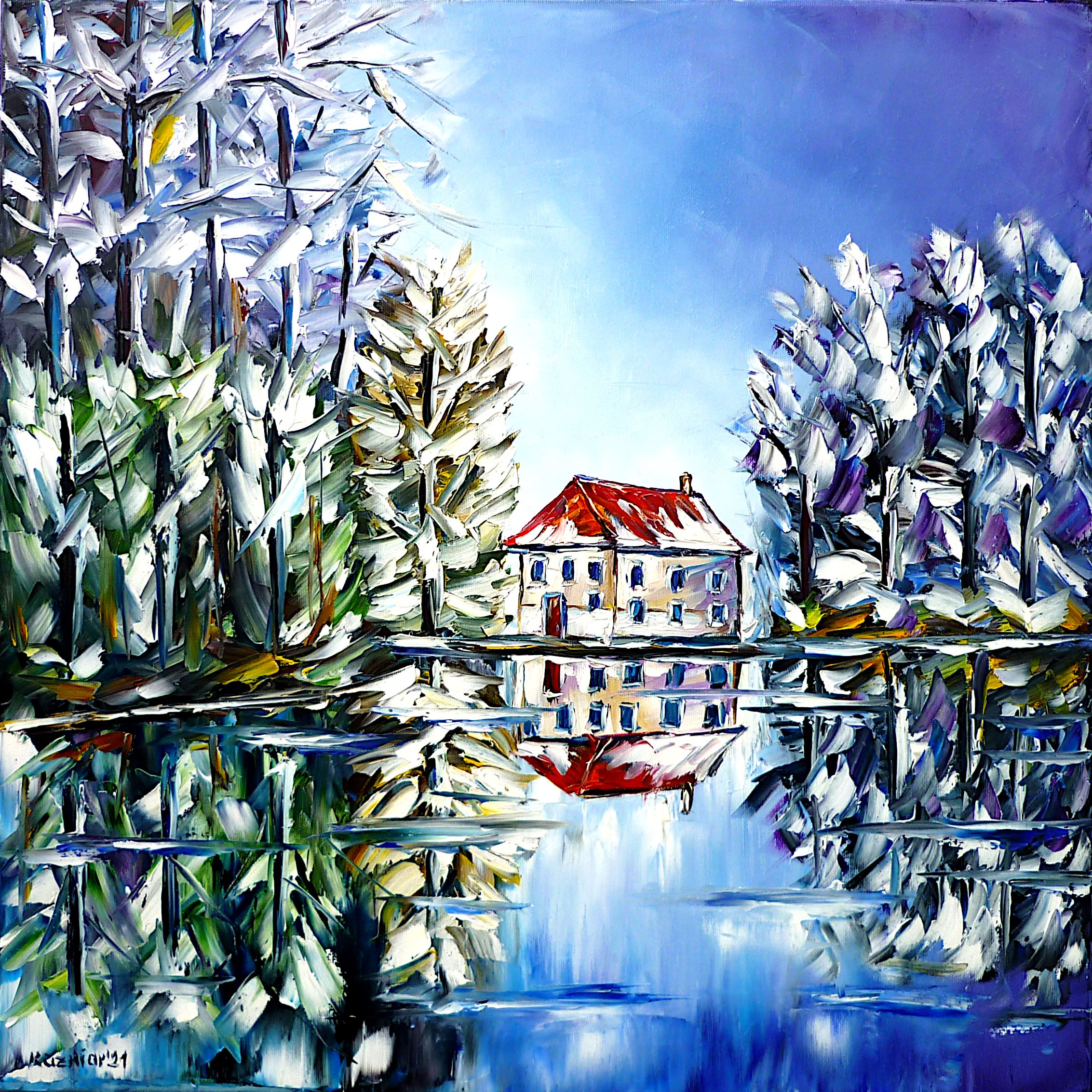 lakescape,lake in winter,red roof,dark blue sky,winter lake,water reflections,bright winter day,landscape picture,landscape painting,christmas mood,winter trees,white landscape,winter landscape,sunny winter day,winter and snow,snowy landscape,christmas feelings,winter beauty,winter sky,winter picture,winter painting,snowy trees,white winter,christmas time,winter love,white trees,square format,square picture,square painting,palette knife oil painting,modern art,impressionism,abstract painting,lively colours,colorful painting,bright colors,light reflections,impasto painting,figurative