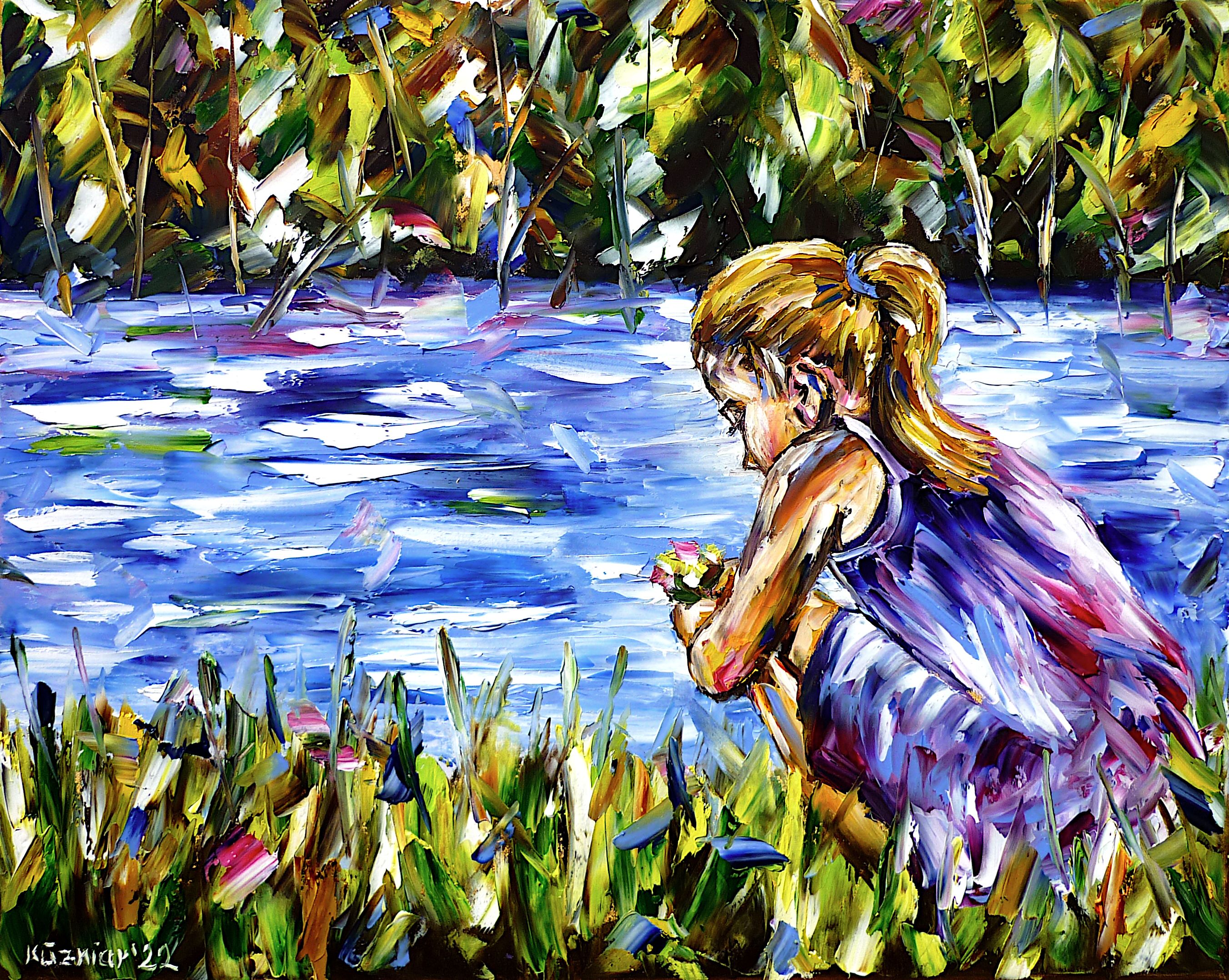 little girl,young girl,blonde girl,girl by the water,playing by the water,playing by the river,child on the riverbank,child by the water,girl with flowers,child with flowers,picking flowers,river landscape,child in nature,child in the landscape,child in the countryside,playing in nature,on the riverbank,children painting,children's picture,child painting,beautiful childhood,happy childhood,children's life,happy child,sitting by the river,children's love,playing child,children's heart,palette knife oil painting,modern art,impressionism,expressionism,abstract painting,lively colors,colorful painting,bright colors,light reflections,impasto painting,figurative