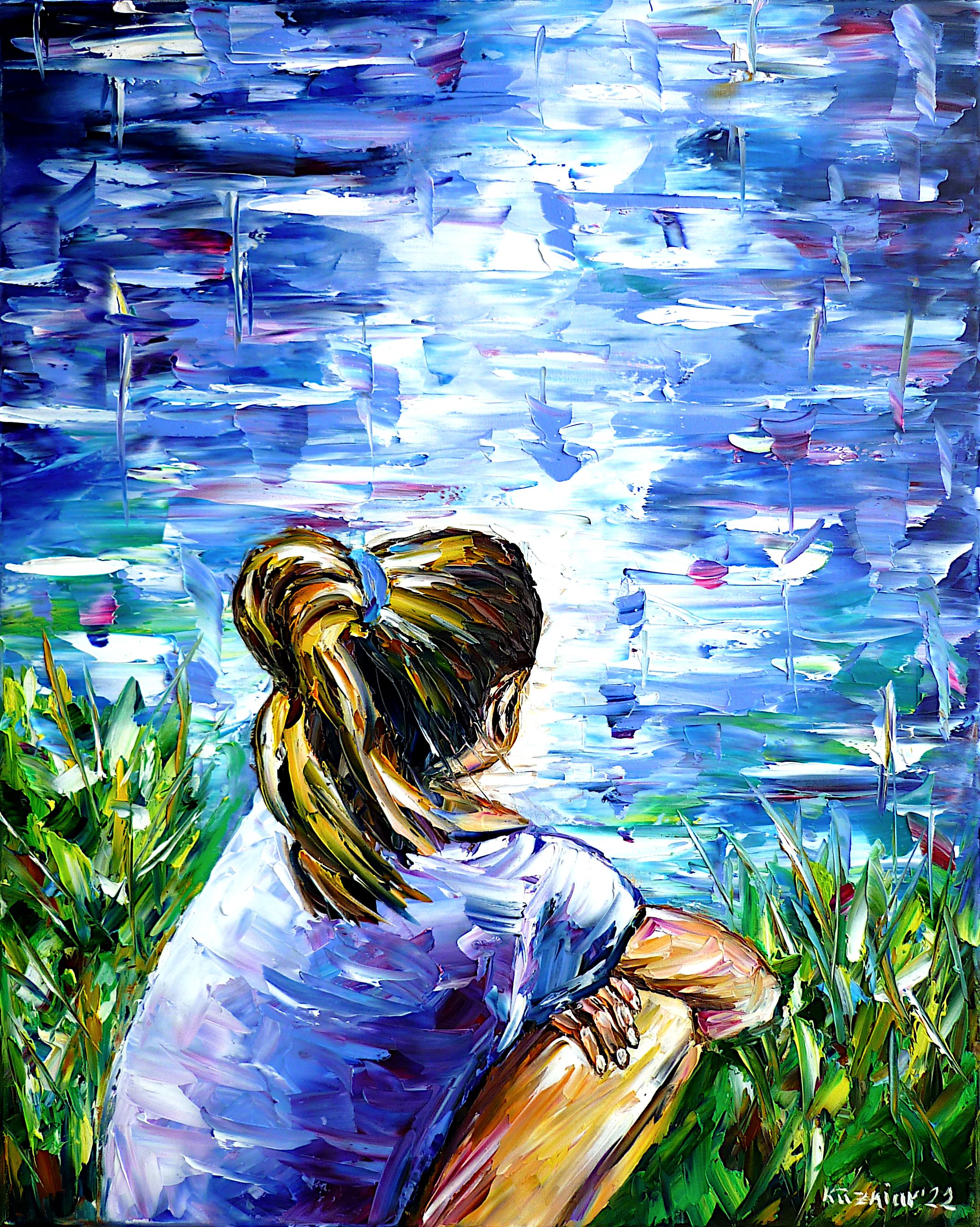young girl,sitting in the grass,girl in the grass,on the lake shore,lonely girl,looking into the distance,loneliness,teenager,sadness,sad girl,lonely people,sad,sad people,longing for,longing,being alone,sitting by the lake,girl by the water,sitting by the water,lovesickness,lakescape,missing,come back please,i miss you,i love you,i long for you,first love,young love,where are you,why,girl from behind,pain,children painting,children picture,palette knife oil painting,modern art,impressionism,expressionism,abstract painting,lively colors,colorful painting,bright colors,light reflections,impasto painting,figurative