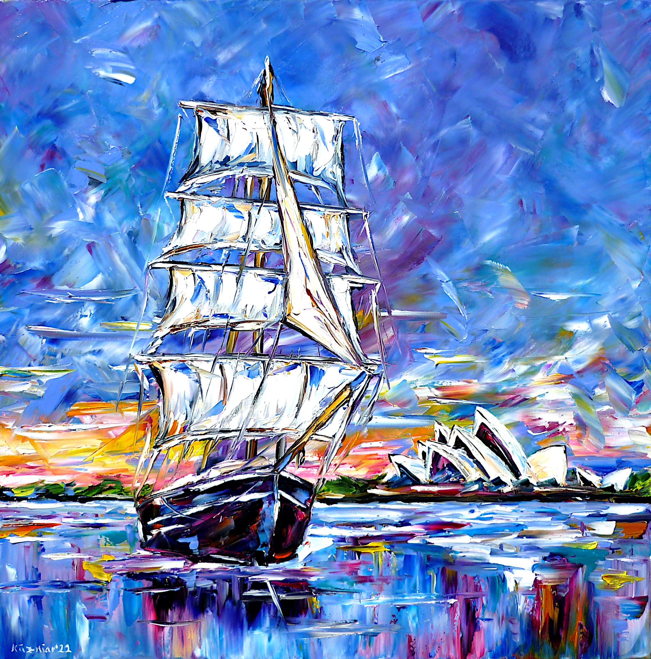 sydney opera house,sailing ship,sydney painting,sailing,old ship,sky over sydney,seascape,sydney abstract,sunset at sea,sydney sunset,abstract sky,sydney in the evening,evening light,evening sun,sydney skyline,sydney beauty,sydney love,sydney lover,i love sydney,sailing ship cruise,tall ship,historic sailing ship,blue colors,blue painting,blue tones,square format,square picture,square painting,palette knife oil painting,modern art,impressionism,expressionism,abstract painting,lively colors,colorful painting,bright colors,light reflections,impasto painting,figurative