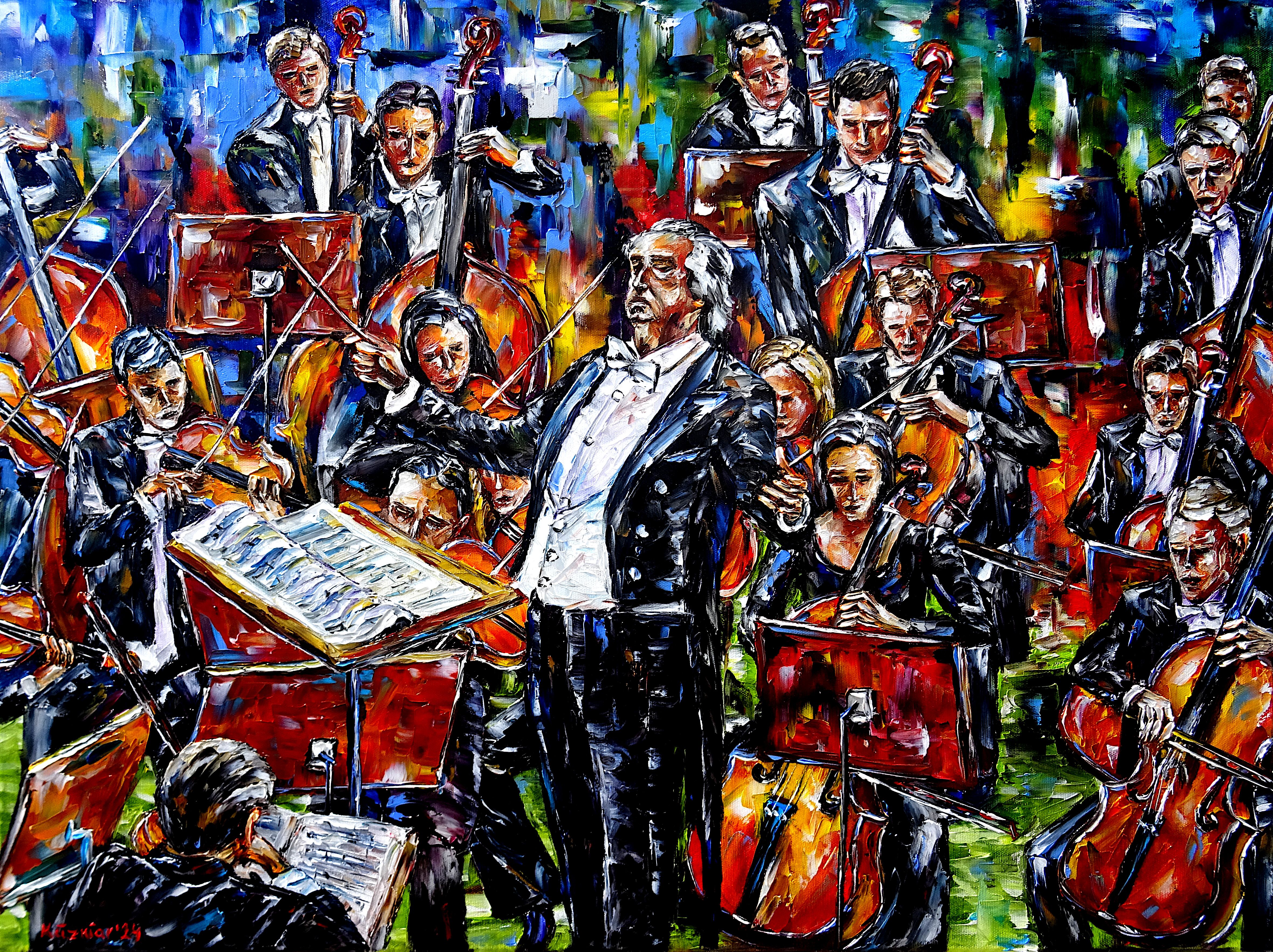 riccardo muti,conductor,orchestra,conducting,chicago symphony orchestra,violin player,violinist,playing violin,riccardo muti portrait,riccardo muti conducting,cello,cello player,playing cello,music,musician,classical music,classical,classical love,classical lovers,orchestra painting,riccardo muti painting,conductor painting,making music,playing music,immersed in music,feeling music,sensing music,closed eyes,musical instrument,palette knife oil painting,expressive art,expressive painting,expressionism,lively colors,colorful painting,impasto painting,figurative