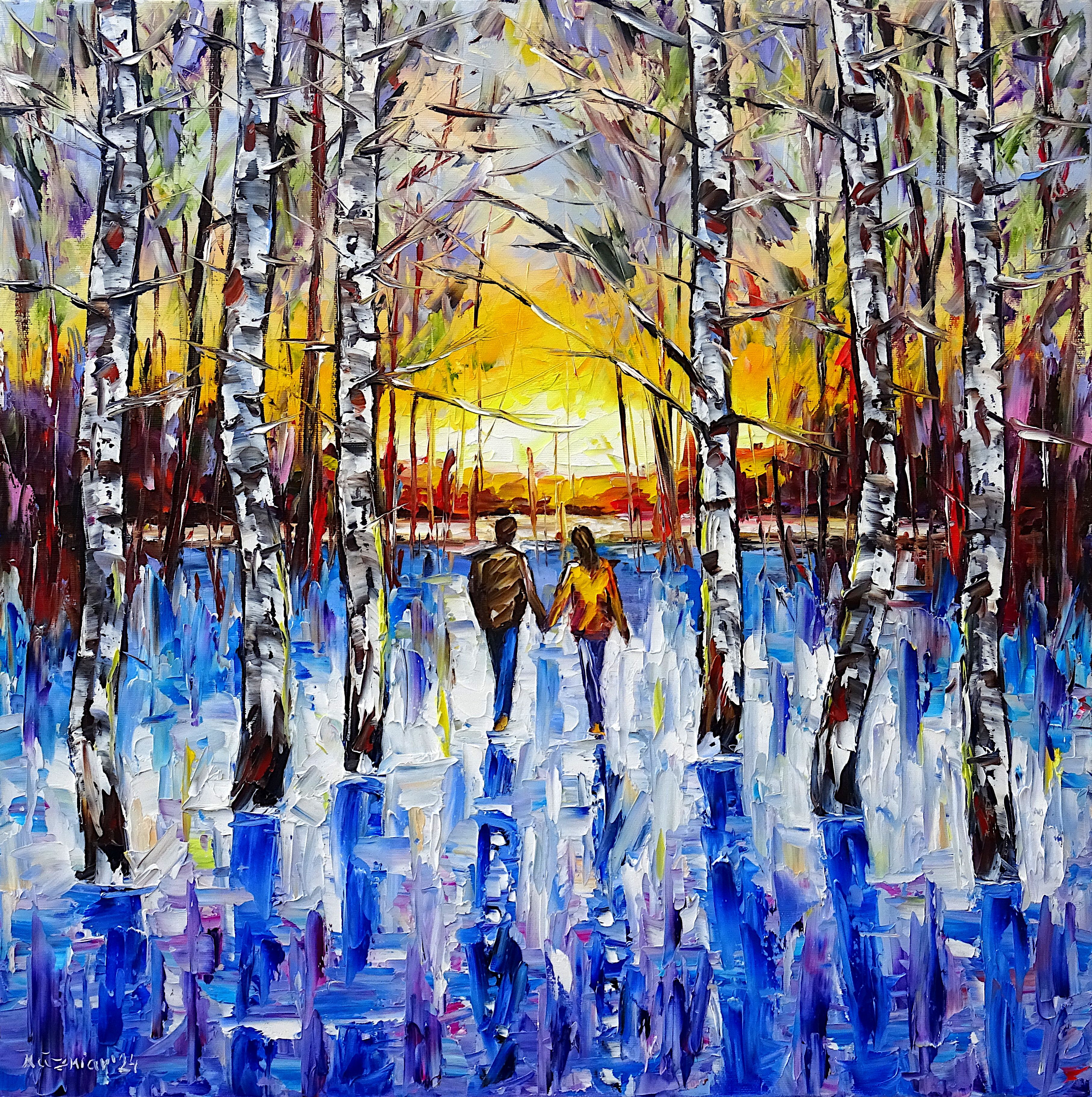 winterlandschaft,liebespaar,hand in hand,händchen halten,spazieren,sonnenuntergang,winterromantik,winterwald,winterpark,winterspaziergang,espen,birken,wintersonne,wintersonnenlicht,winterabend,winterbäume,romantisch,abendsonne,im abendlicht,quadratisches format,winter abstrakt,landschaftsgemälde,landschaftsbild,winter art,winterfarben,winterzeit,winterstimmung,friedlich,winterliebe,winterschönheit,lebendigkeit,Spachtel Ölgemälde,ölmalerei,spachtelmalerei,spachteltechnik,expressive Kunst,expressionismus,expressive Malerei,lebendige Farben,bunte Malerei,impasto Malerei,figurativ