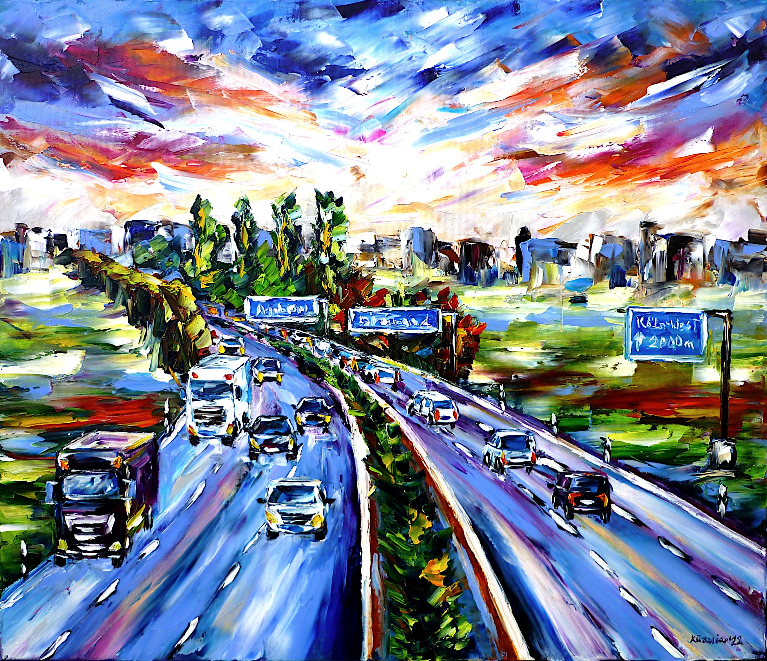 on the highway,highway scene,on the freeway,freeway scene,sky over city,cars,trucks,car traffic,freeway cologne,abstract sky,city in the distance,freeway painting,highway painting,freeway picture,freeway signs,roadway,freeway life,overtaking cars,highway traffic jam,highway in the evening light,highway at sunset,road traffic,autobahn in germany,highway speedster,highway love,highway lovers,car love,car lovers,driving love,speed,city in the fog,foggy,foggy day,palette knife oil painting,modern art,impressionism,expressionism,abstract painting,lively colors,colorful painting,bright colors,light reflections,impasto painting,figurative