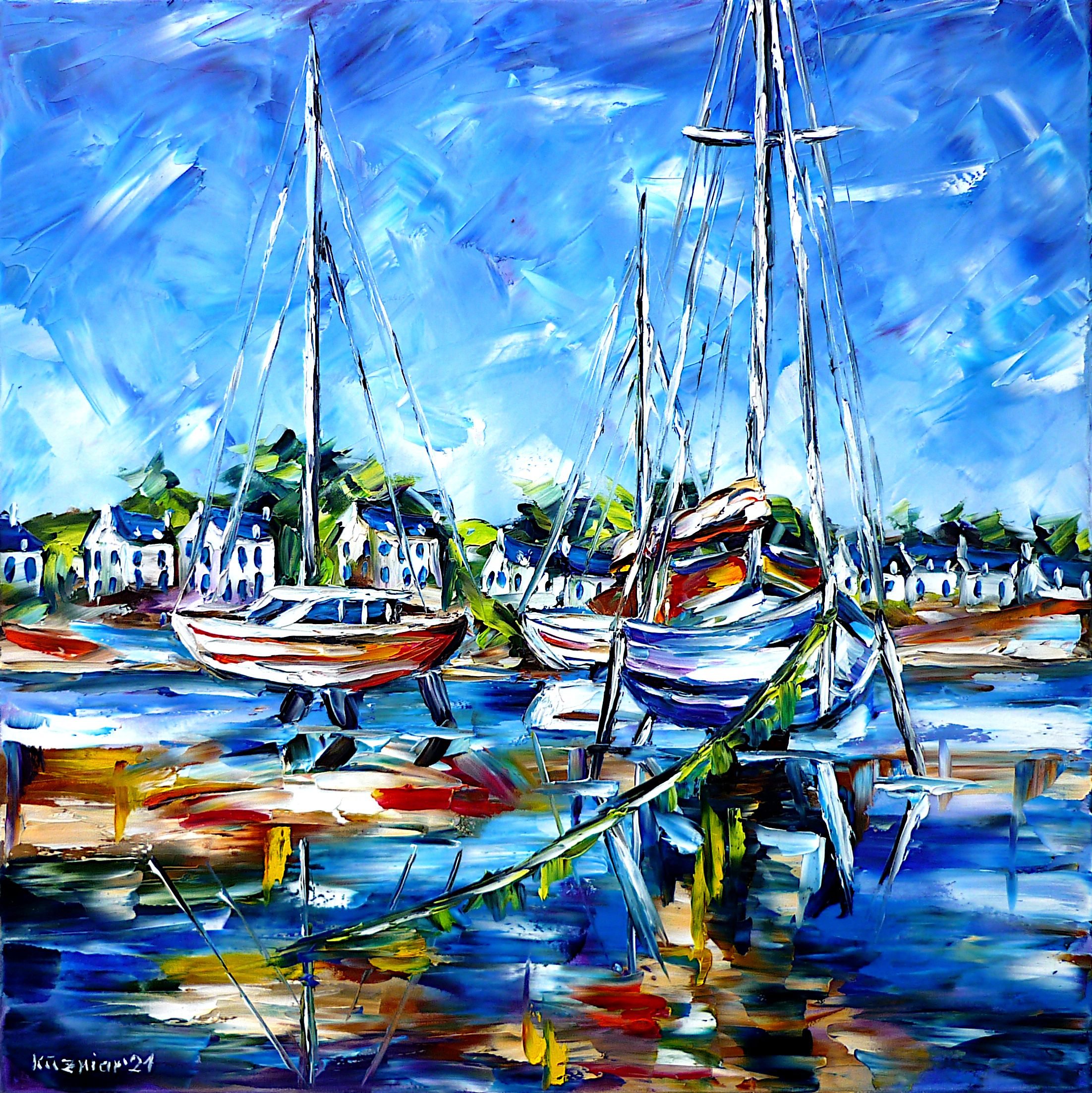 boats on wooden piles,boats on the shore,anchorage,northern France,boats in port,port in Brittany,harbor scene,boats in the harbor,harbor in Brittany,port village of Brittany,sailing boats,fishing boats,port scene,beautiful Brittany,Brittany love,boats paintings,boats love,beautiful France,houses in Brittany,village in Brittany,fishing village,boats on the beach,brittany landscape,white houses blue roofs,i love brittany,brittany sky,beach painting,beach picture,blue sky,square format,square picture,square painting,blue colors,blue painting,shades of blue,blue tones,palette knife oil painting,modern art,impressionism,abstract painting,lively colours,colorful painting,bright colors,light reflections,impasto painting,figurative