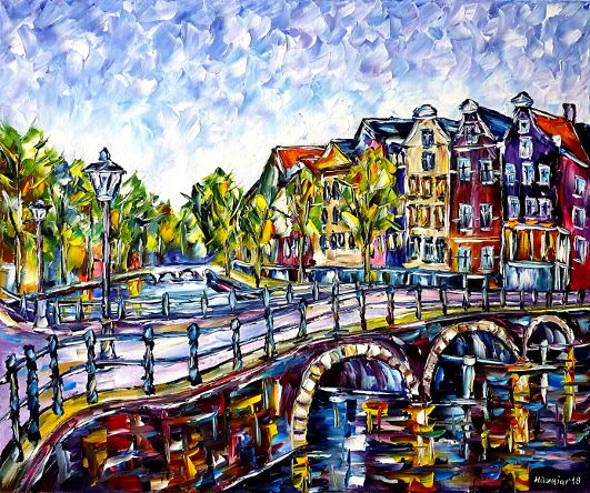 oilpainting,modern,impressionism,holland,netherlands,cityscape,amstel,ij,river,bridge,grachten,summer