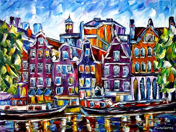 oilpainting,modern,impressionism,holland,netherlands,cityscape,amstel,ij,river,gracht,grachten,boat,boats,summer