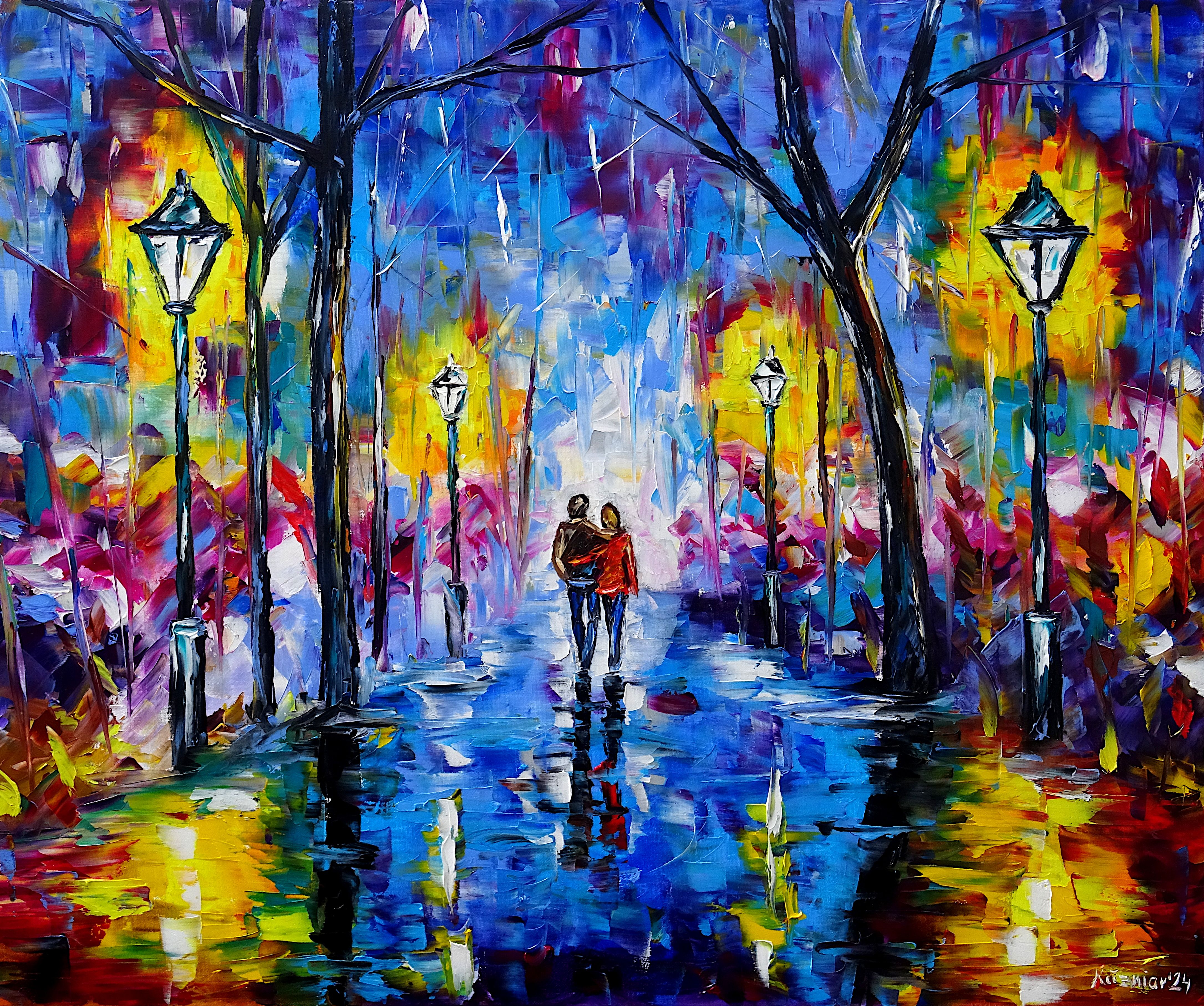 lovers,love couple walking,people in love,hugging,hug,love,walk of love,park at night,night walk,park walk,park lanterns,glowing lanterns,romance,romantic,romantic scene,night romance,romantic night,radiant painting,radiant picture,park landscape,park abstract,palette knife oil painting,expressive art,expressive painting,expressionism,lively colors,colorful painting,impasto painting,figurative