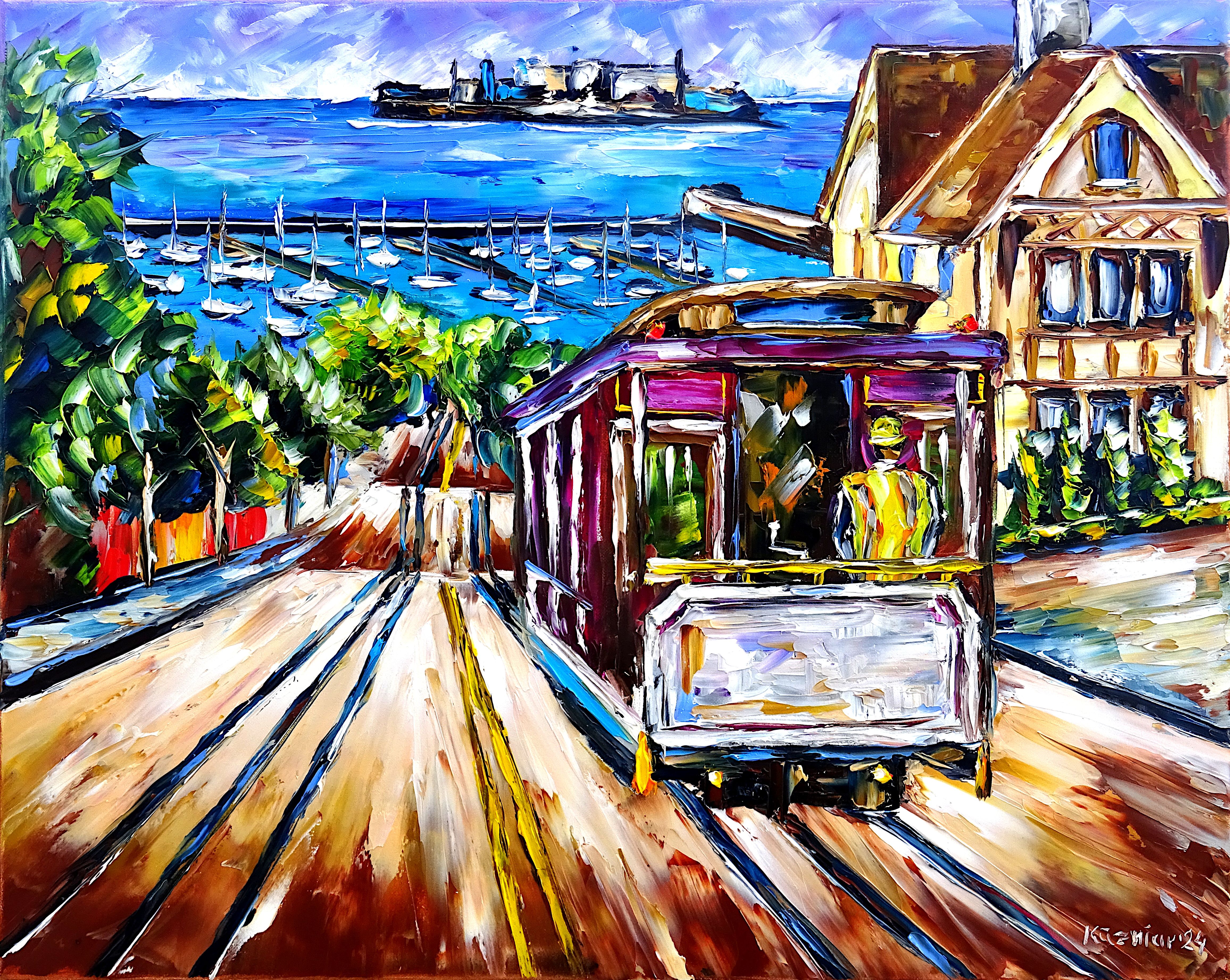 San Francisco,straßenbahn,tram,alcatraz,insel,gefängnis,hafen,schiffe,boote,segelboote,bucht,meer,hügelig,die straße hinab,San Francisco ansicht,San Francisco straßen,stadtlandschaft,San Francisco bunt,San Francisco abstrakt,San Francisco bild,San Francisco gemälde,San Francisco szene,lebendig,lebendigkeit,Spachtel Ölgemälde,ölmalerei,spachtelmalerei,spachteltechnik,expressive Kunst,expressionismus,expressive Malerei,lebendige Farben,bunte Malerei,impasto Malerei,figurativ