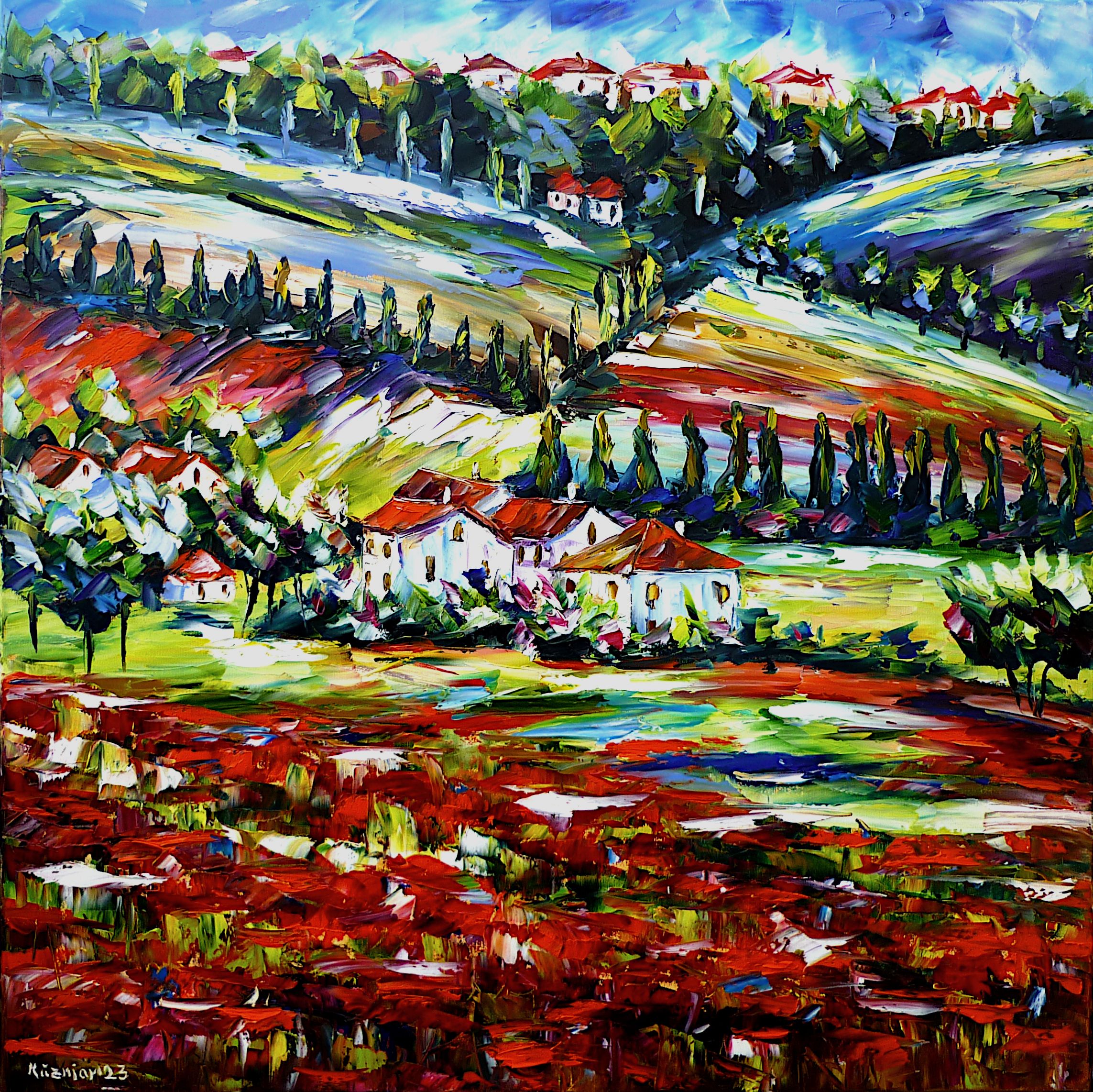 tuscany landscape,tuscany painting,tuscany art,tuscany poppy fields,red poppy fields,cypresses,village in tuscany,mountains of tuscany,chianti,colline del chianti,monti del chianti,beautiful tuscany,tuscany beauty,spring in tuscany,summer in tuscany,landscape painting,tuscany love,tuscany lover,i love tuscany,tuscany abstract,italy,houses of tuscany,tuscany idyll,country idyll,italian landscape,beautiful italy,square painting,square format,square picture,palette knife oil painting,modern art,figurative art,figurative painting,contemporary painting,abstract painting,lively colors,colorful painting,bright colors,impasto painting
