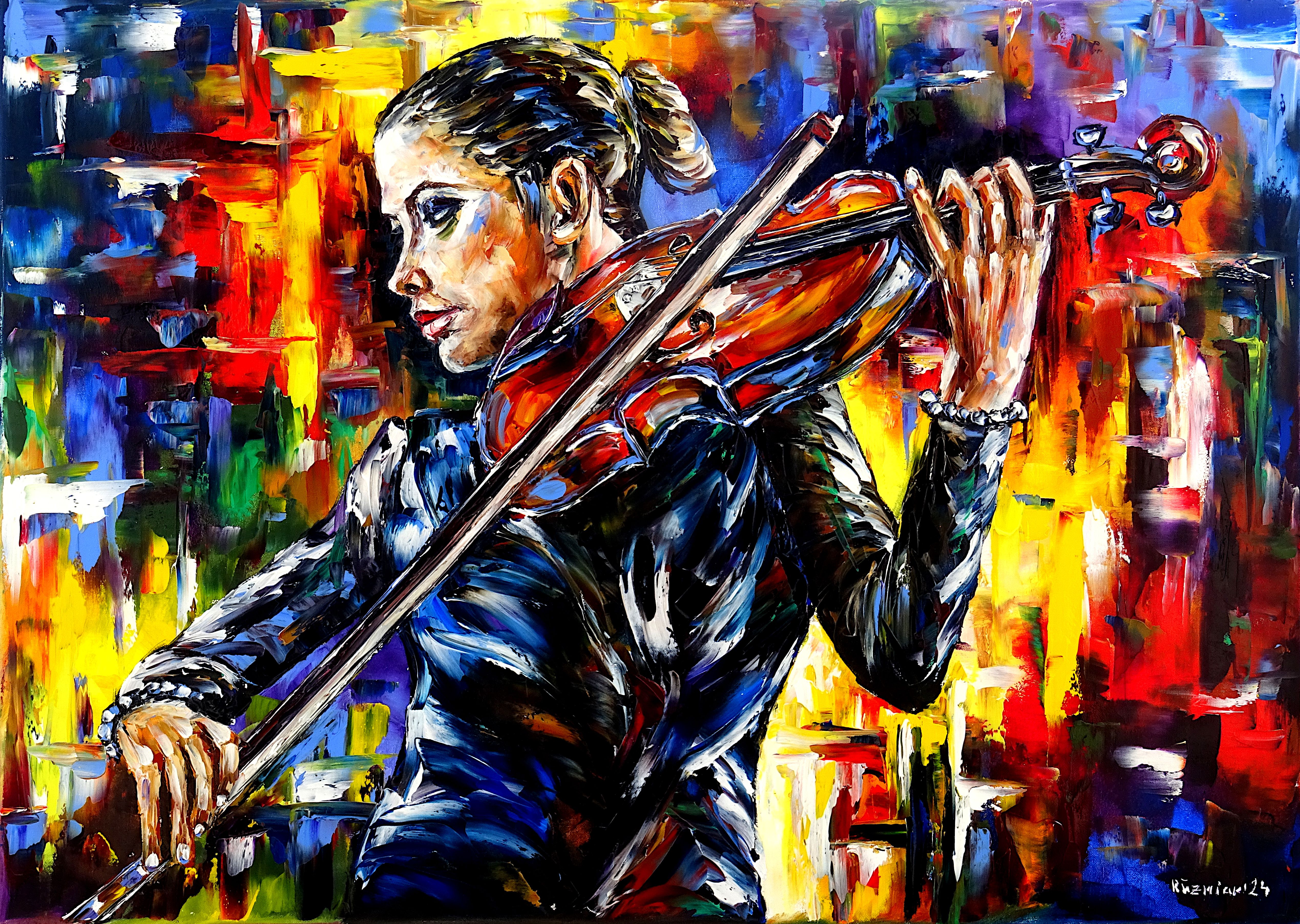 beautiful violinist,pretty violinist,violin,violin player,playing violin,female violinist,she plays violin,girl with violin,girl plays violin,woman with violin,woman plays violin,music,female musician,female violinist painting,violin love,violin lover,classical music,classical,making music,playing music,immersed in music,feeling music,closed eyes,musical instrument,I love violin,palette knife oil painting,expressive art,expressive painting,expressionism,lively colors,colorful painting,impasto painting,figurative