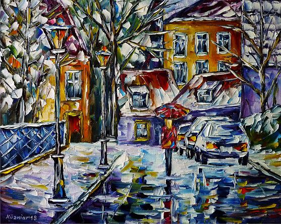 oilpainting, impressionism, winterlandscape,villagescape,winterscape,snow,walking,womanwithumbrella,cars,lantern,villageidyll