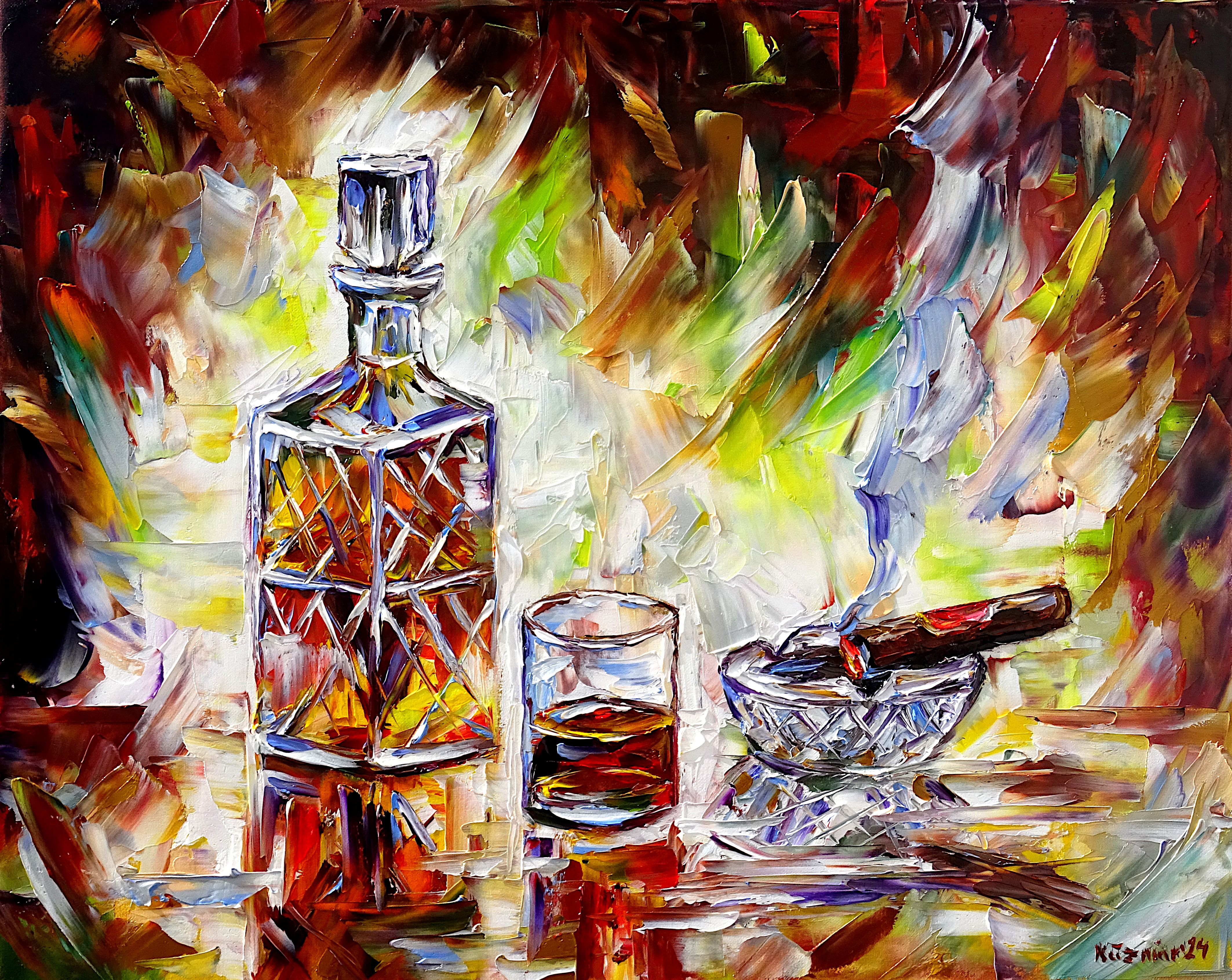 after work,end of work,whiskey,whisky,cognac,decanter,crystal,glass,ashtray,cigar,drink,drinking,smoke,smoking,work is done,relax,unwind,enjoy the evening,smoking cigar,modern still life,alcohol,brown colors,palette knife oil painting,expressive art,expressive painting,expressionism,lively colors,colorful painting,impasto painting,figurative