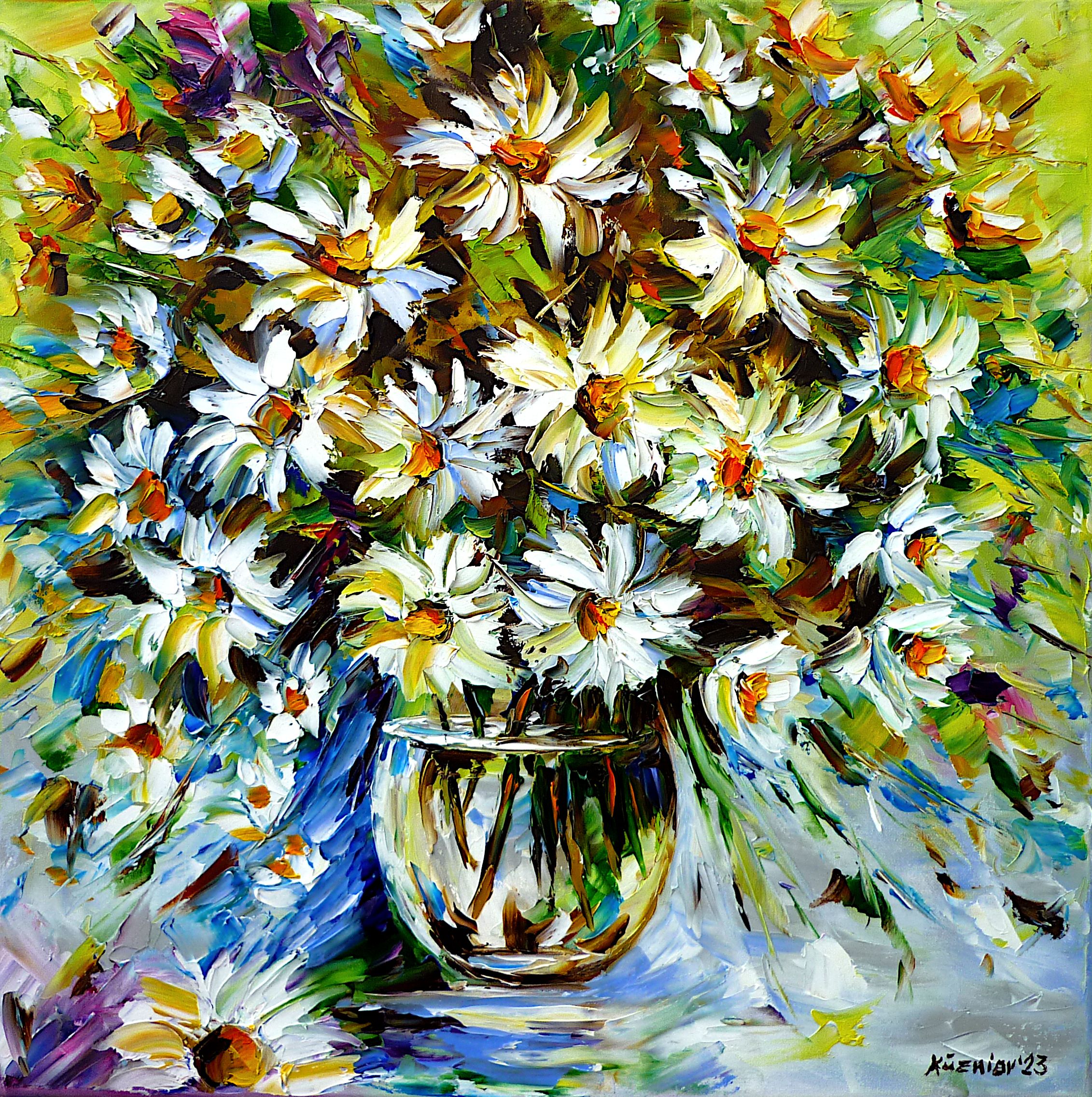 flowers in vase,field flowers in vase,wild flowers in vase,white flowers,floral still life,flower bouquet,sunday flowers,lucky flowers,garden flowers,vibrant bouquet,vibrant flowers,spring flowers,summer flowers,spring bouquet,summer bouquet,spring colors,summer colors,happiness,happiness flowers,flowers abstract,flower beauty,flower love,flower picture,flower painting,flower art,bright picture,bright painting,dining room picture,flower lovers,i love flowers,square painting,square format,square picture,palette knife oil painting,modern art,figurative art,figurative painting,contemporary painting,abstract painting,lively colors,colorful painting,bright colors,impasto painting