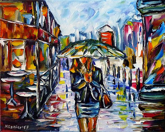 oilpainting, impressionism, cityscape, womanwithumbrella