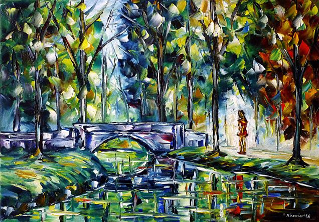 oilpainting,modern,impressionism,landscape,landscapepainting,foursessions,girl,woman,walking,bridge,riverscape,park,forest,beginningofspring