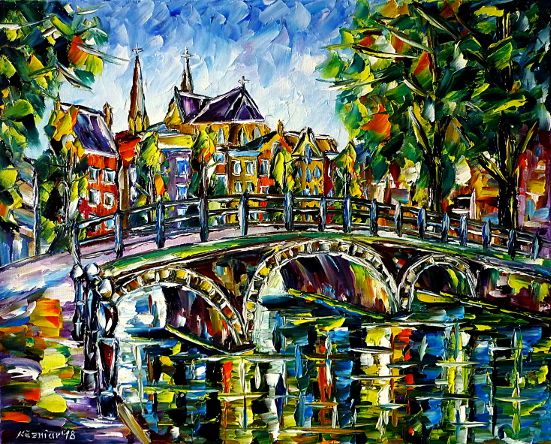 oilpainting,modern,impressionism,holland,netherlands,cityscape,amstel,ij,river,bridge,grachten,summer,green,landscape,trees