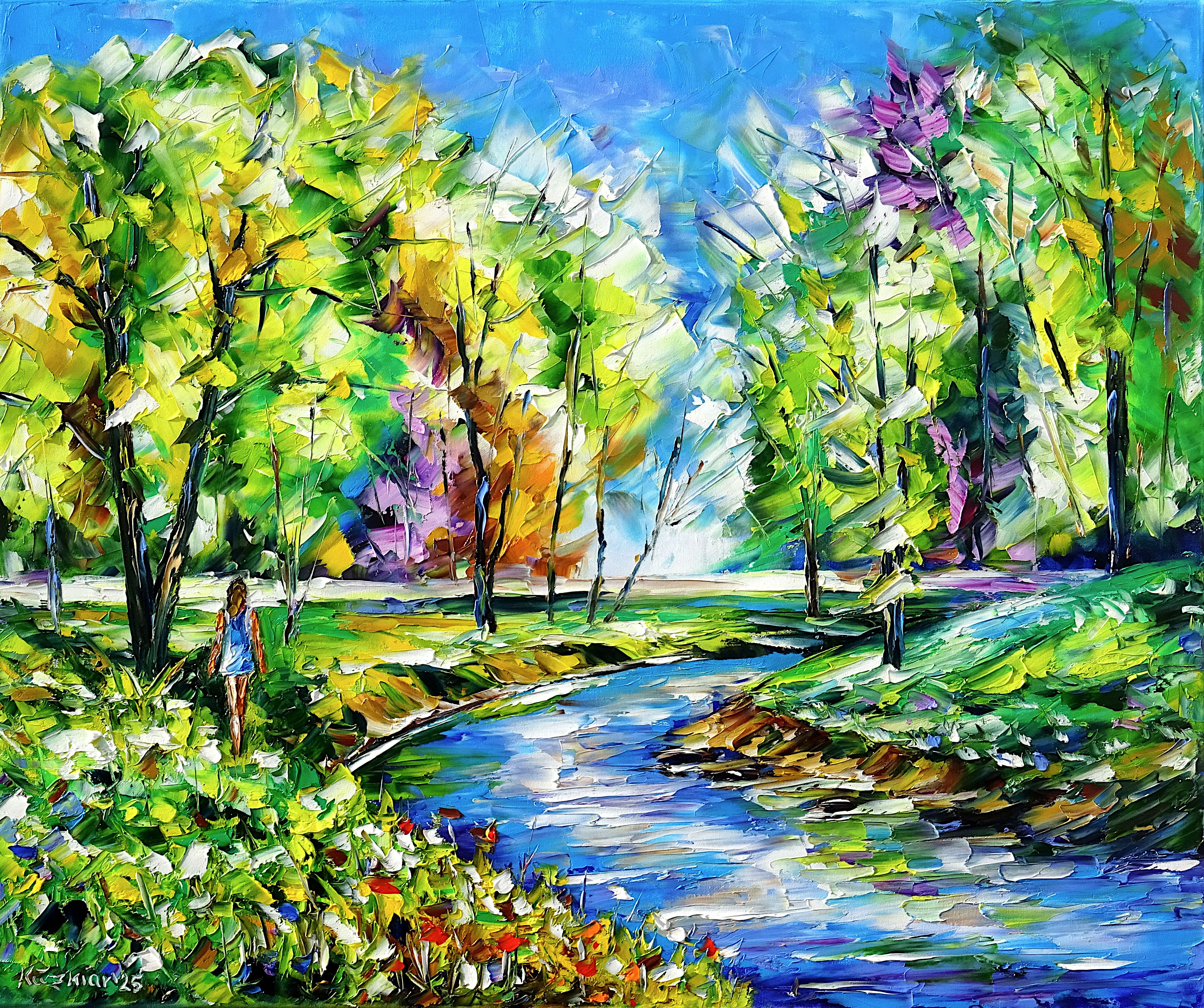 frühling,frühlingslandschaft,einsames mädchen,einsame frau,spazieren,mädchen allein,frau allein,am fluss spazieren,blauer himmel,am fluss,frühlingsfluss,frühlingsspaziergang,romantisch,frühlingsromantik,frühlingsschönheit,frühlingsbäume,frühlingsfarben,frühlingsgrün,frühlingsimpression,frühlingsliebe,frühlingsstimmung,frühlingsgemälde,friedlich,lebendigkeit,Spachtel Ölgemälde,ölmalerei,spachtelmalerei,spachteltechnik,expressive Kunst,impressionismus,expressive Malerei,lebendige Farben,bunte Malerei,impasto Malerei,figurativ