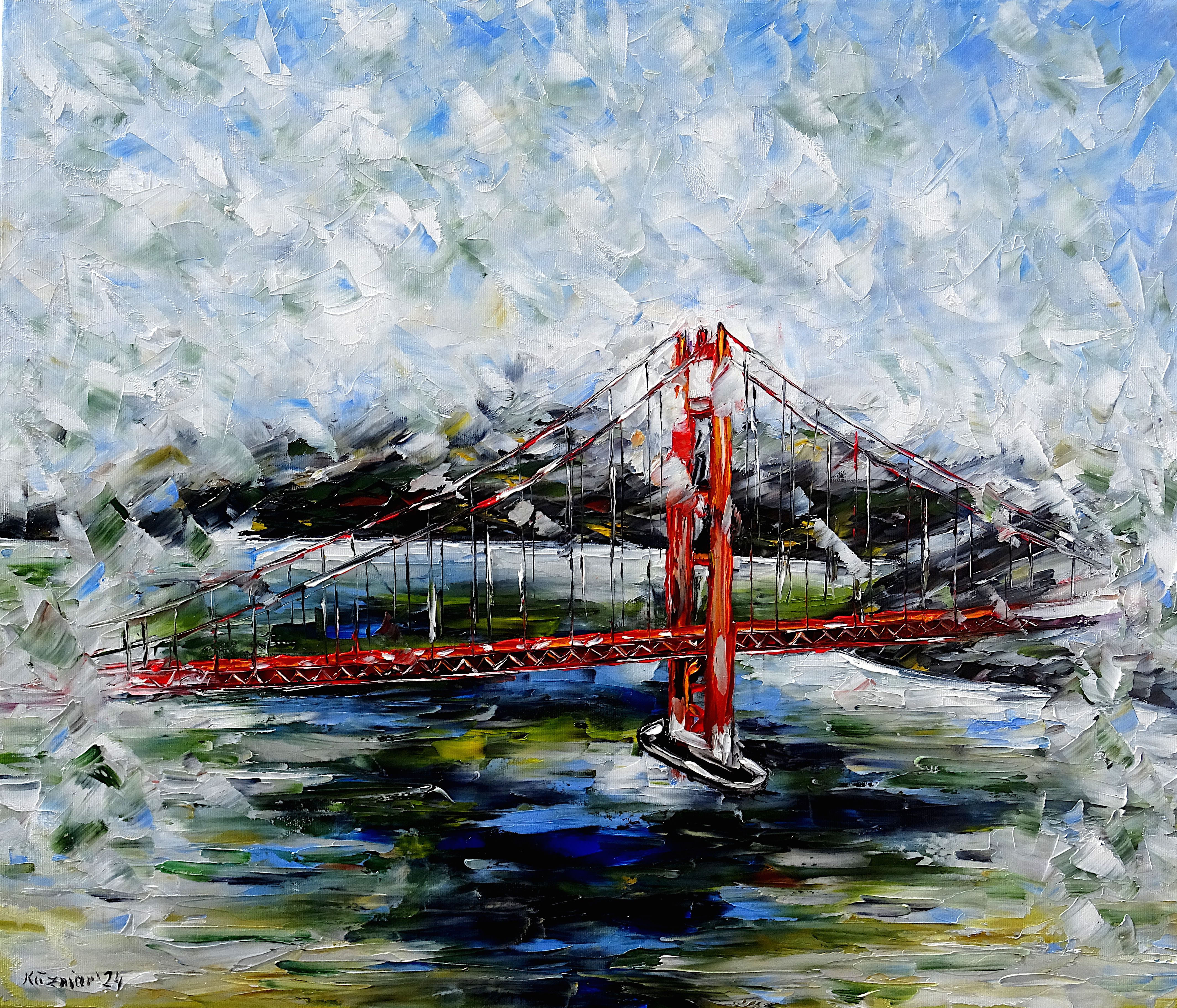 golden gate,bridge,fog,San Francisco,foggy day,misty day,foggy landscape,foggy sky,river in fog,city in fog,bright painting,bright picture,water,clouds,sky,vibrant,structure,impressionism,based,palette knife oil painting,expressive art,expressive painting,expressionism,lively colors,colorful painting,impasto painting,figurative