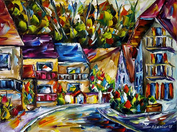 oilpainting, impressionism, villageroad, villageidyll, cityscape, Hassberge, LowerFranconia, Bavaria, autumn