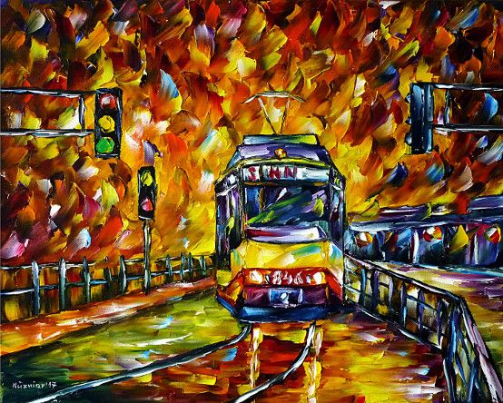 oilpainting, impressionism, cityscape,evening,trolley,tram,heilbronnstation