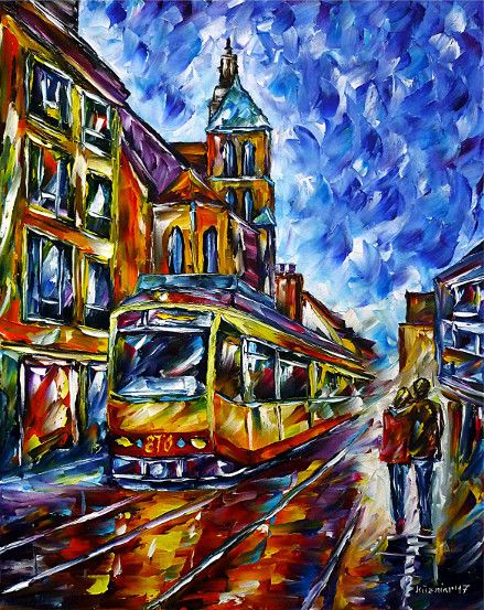oilpainting, impressionism, cityscape,trolley,tram,kilianchurch,marketplace, cityhall,lovecouple,walking