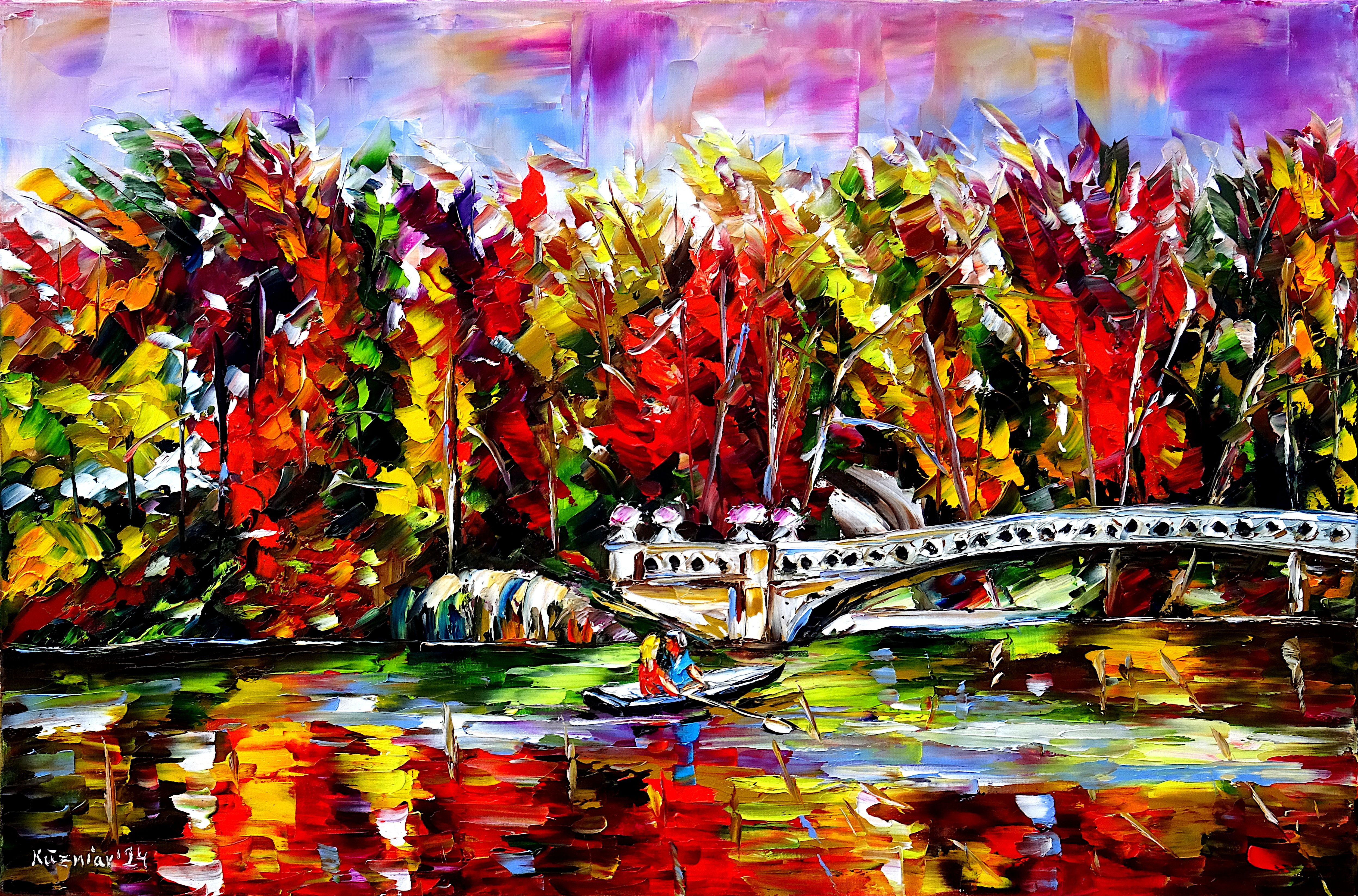 autumn,fall,new york,central park,bow bridge,people in a boat,rowing boat,cloudy autumn day,cloudy autumn sky,autumn landscape,autumn river,bridge,autumn colors,colorful autumn,red autumn,water reflections,autumn park,purple pink,red green,autumn beauty,autumn painting,autumn picture,autumn love,autumn abstract,autumn impression,autumn romance,palette knife oil painting,expressive art,expressive painting,expressionism,lively colors,colorful painting,impasto painting,figurative