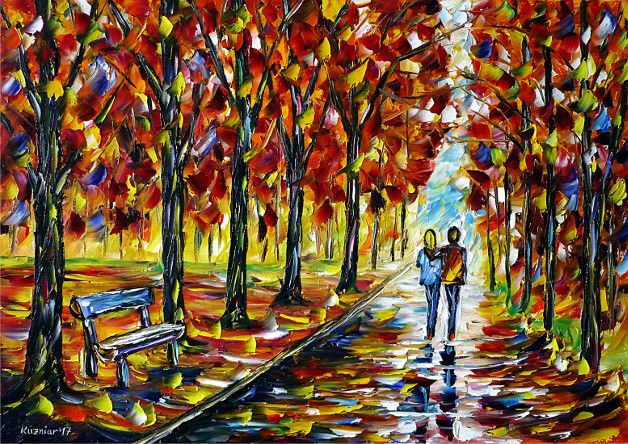 oilpainting, impressionism, autumn, lovecouple, walking, autumnpark, autumnlandscape, yellow, red