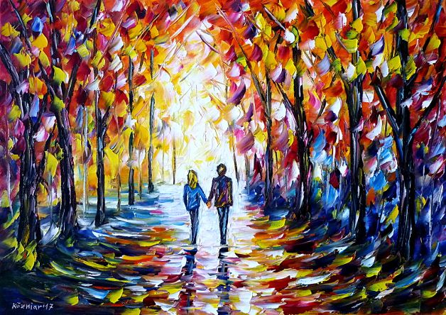 oilpainting, impressionism, autumn, lovers, lovecouple, handinhand, autumnforest, walking, autumnpark, autumnlandscape, yellow, red