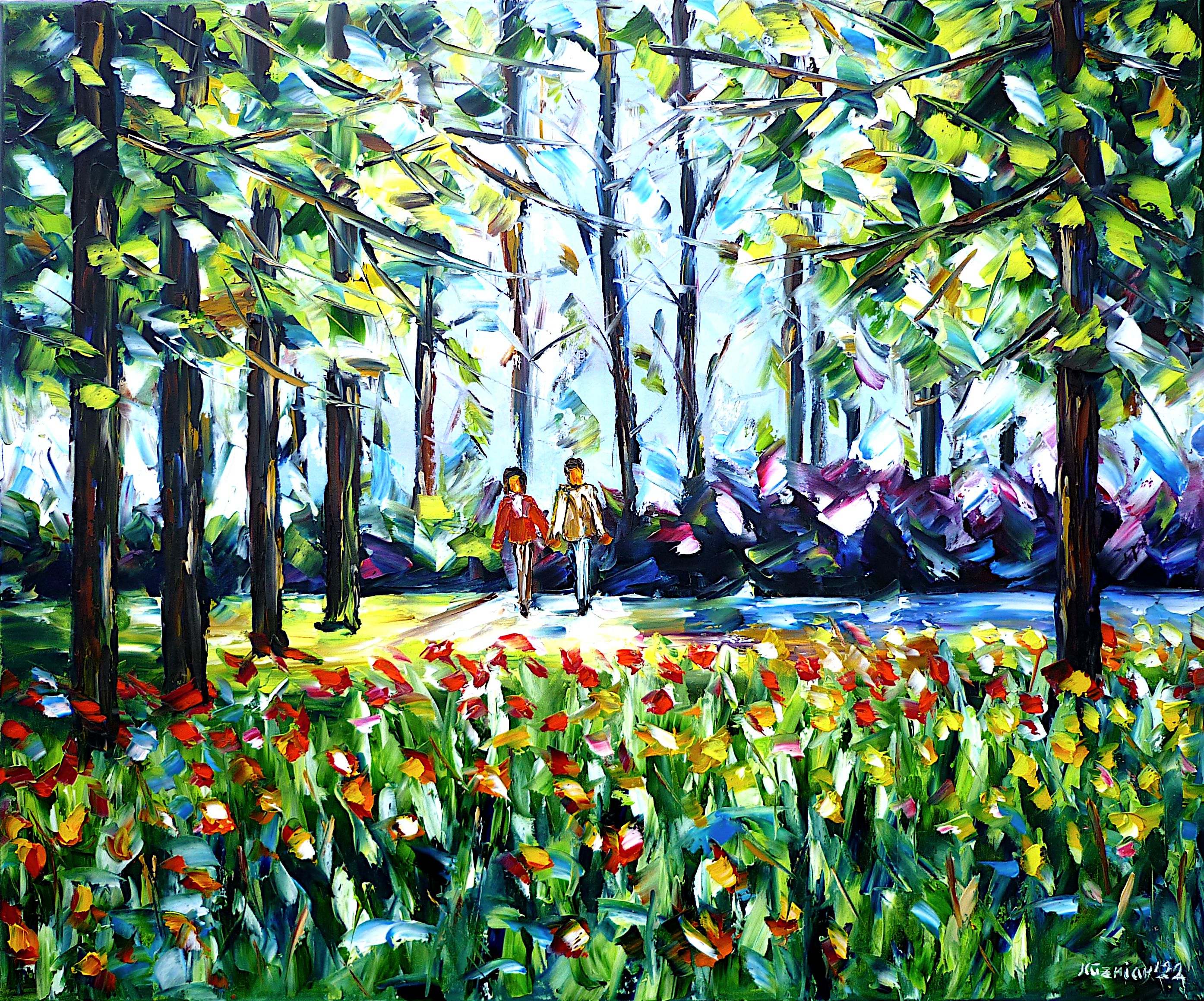 Spring flowers,spring meadow,spring trees,flower meadow,spring day,sea of flowers,people in love,couple in love,lovers taking a walk,love scene,romantic scene,love and romance,romantic picture,romantic painting,walking in the park,people in the park,park painting,people in the green,landscape painting,people in the landscape,in nature,i love you,green colors,green painting,man and woman,park walk,holding hands,loving couple holding hands,hand in hand,spring colors,spring picture,spring painting,park in spring,spring walk,people in spring,lovers in spring,spring feelings,spring love,genre painting,palette knife oil painting,modern art,impressionism,expressionism,abstract painting,lively colors,colorful painting,bright colors,light reflections,impasto painting,figurative painting