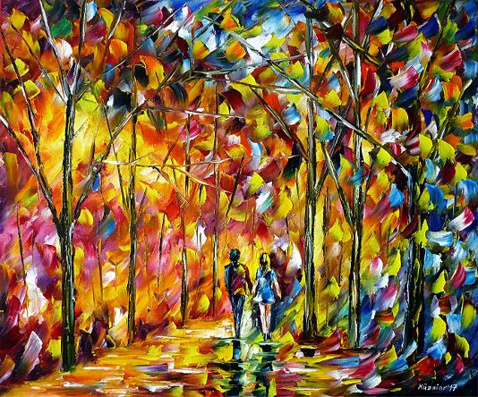 oilpainting, impressionism, autumn, autumnlandscape, lovecouple, handinhand, walking