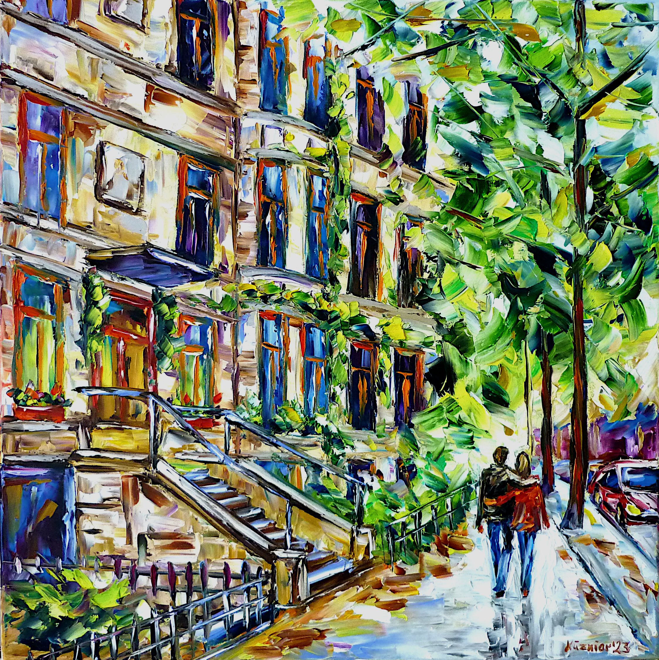 montreal streets,montreal street scene,love couple in montreal,lovers in montreal,people in love,romantic scene,romantic day,montreal house,staircase,green montreal,love,love and romance,sunny day,walking,romantic,city romance,montreal romance,Vieux-Montréal,Old Montreal scene,Montreal City painting,Montreal City Scene,Montreal Cityscape,Montreal Nature,Montreal Beauty,Montreal Beautiful,Montreal Painting,montreal art,montreal city life,people walking,strolling people,city stroll,city walk,vivid montreal,canada,montreal love,montreal lover,i love montreal,square painting,square format,square picture,palette knife oil painting,modern art,figurative art,figurative painting,contemporary painting,abstract painting,lively colors,colorful painting,bright colors,impasto painting