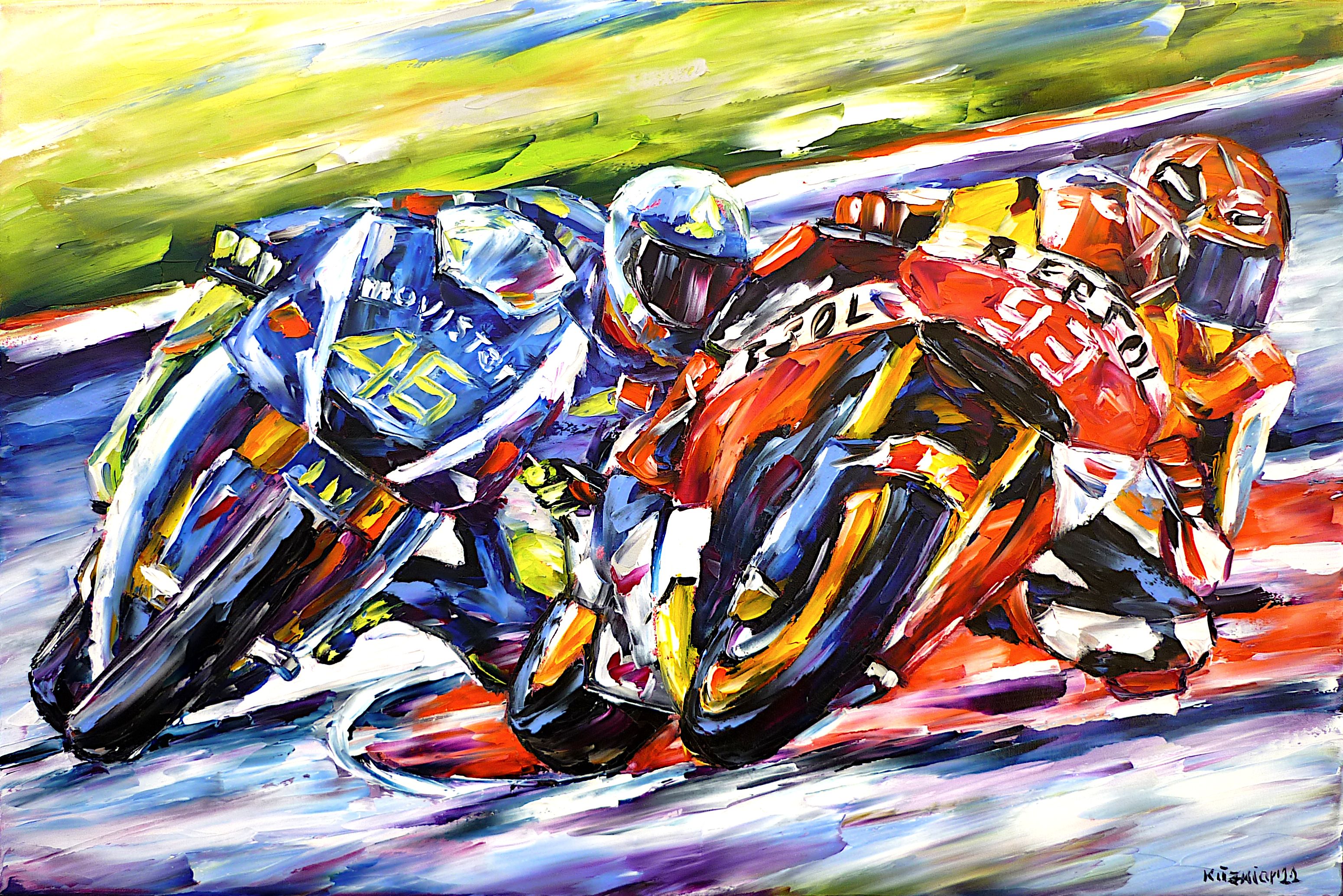 motogp,motorsport,motorcycle,motorcyclists,sports motorcycle,motorsport racing,biker,cornering,motorcycle world championship,Valentino Rossi,Marc Márquez,start number 93,start number 46,riders in the curve,sport painting,sport picture,putting into the curve,motorcycle racing,motorcycle love,motorcycling,motorcycle ride,sport lover,sport love,motorsport painting,motogp painting,motogp love,motogp lover,palette knife oil painting,modern art,impressionism,expressionism,abstract painting,lively colors,colorful painting,bright colors,light reflections,impasto painting,figurative