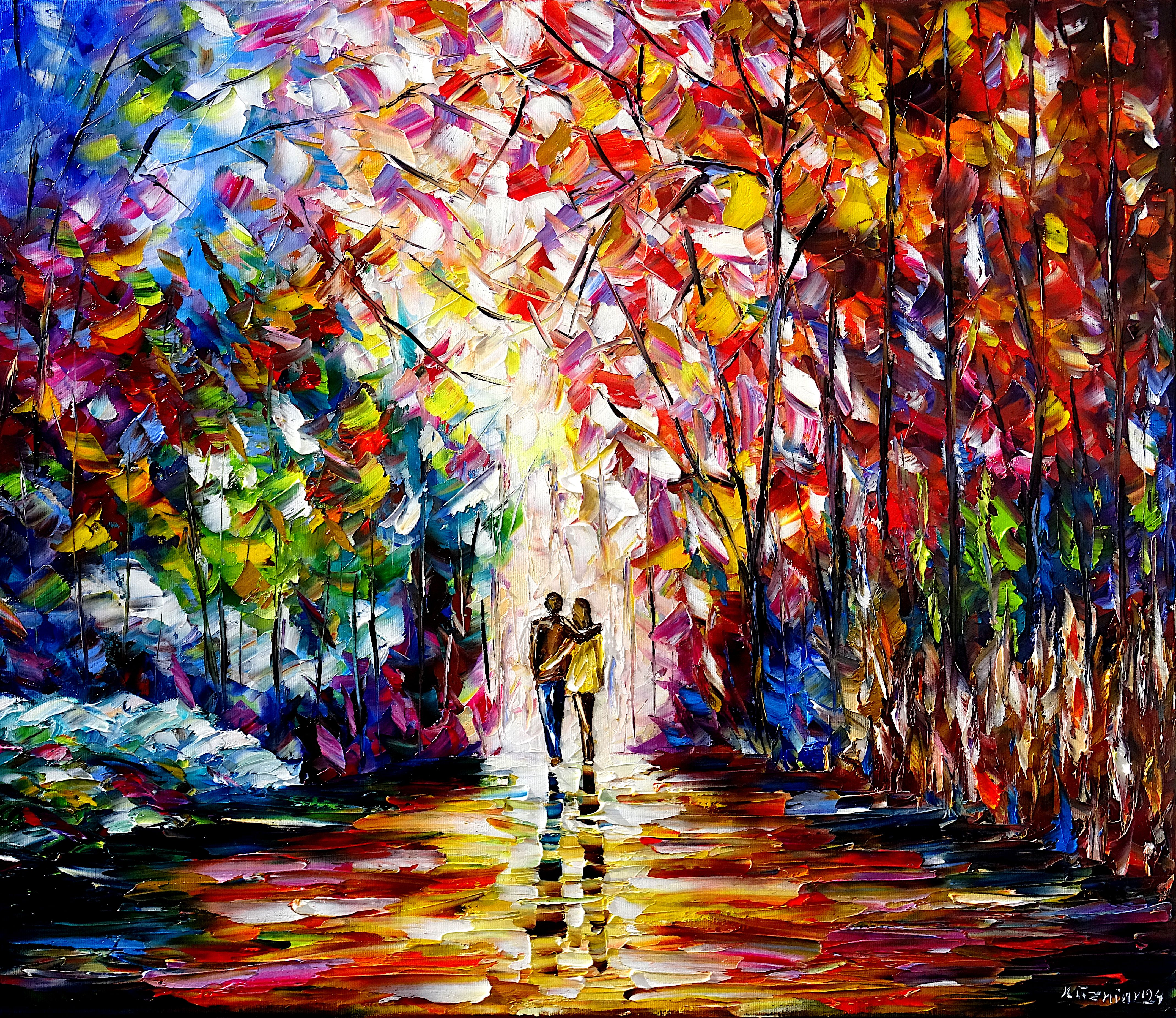 autumn,autumn park,autumn landscape,colorful,lively,loving couple,lovers,people in love,hugging,embrace,love,autumn walk,park walk,romance,romantic,romantic scene,autumn romance,romantic autumn,autumn love,autumn trees,autumn beauty,pink,violet,red,palette knife oil painting,expressive art,expressive painting,expressionism,lively colors,colorful painting,impasto painting,figurative