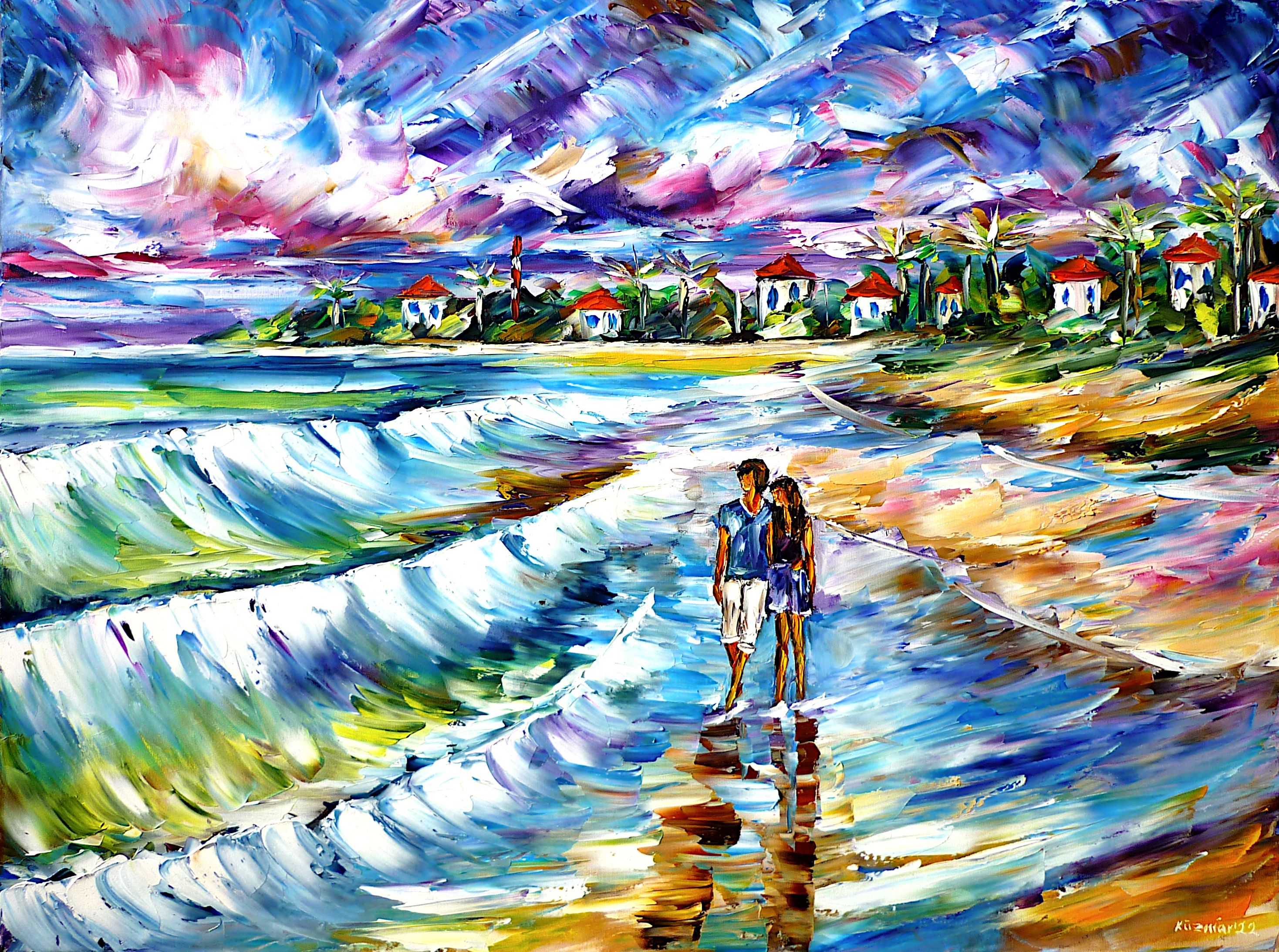 beach walk,south pacific,South Seas beach,South Seas landscape,South Seas picture,South Seas painting,South Seas vacation,South Seas islands,Tahiti,Samoa,Fiji Islands,Hawaii,South Seas paradise,South Seas romance,palm trees,South Seas village,South Seas houses,People on the beach,couple in love on the beach,walking on the beach,beach scene,people in love,couple in love,by the sea,beach waves,seascape,people by the sea,sky over the sea,abstract sky,menacing sky,people by the water,romantic scene,romantic picture,romantic painting,beach painting,sea painting,love,romance,wave lapping,wave foam,blue tones,blue colors,blue picture,palette knife oil painting,modern art,impressionism,expressionism,abstract painting,lively colors,colorful painting,bright colors,light reflections,impasto painting,figurative