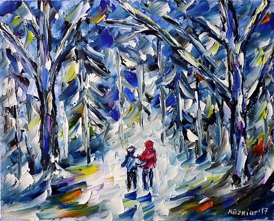 oilpainting, impressionism, winter, forest, child, snow, white