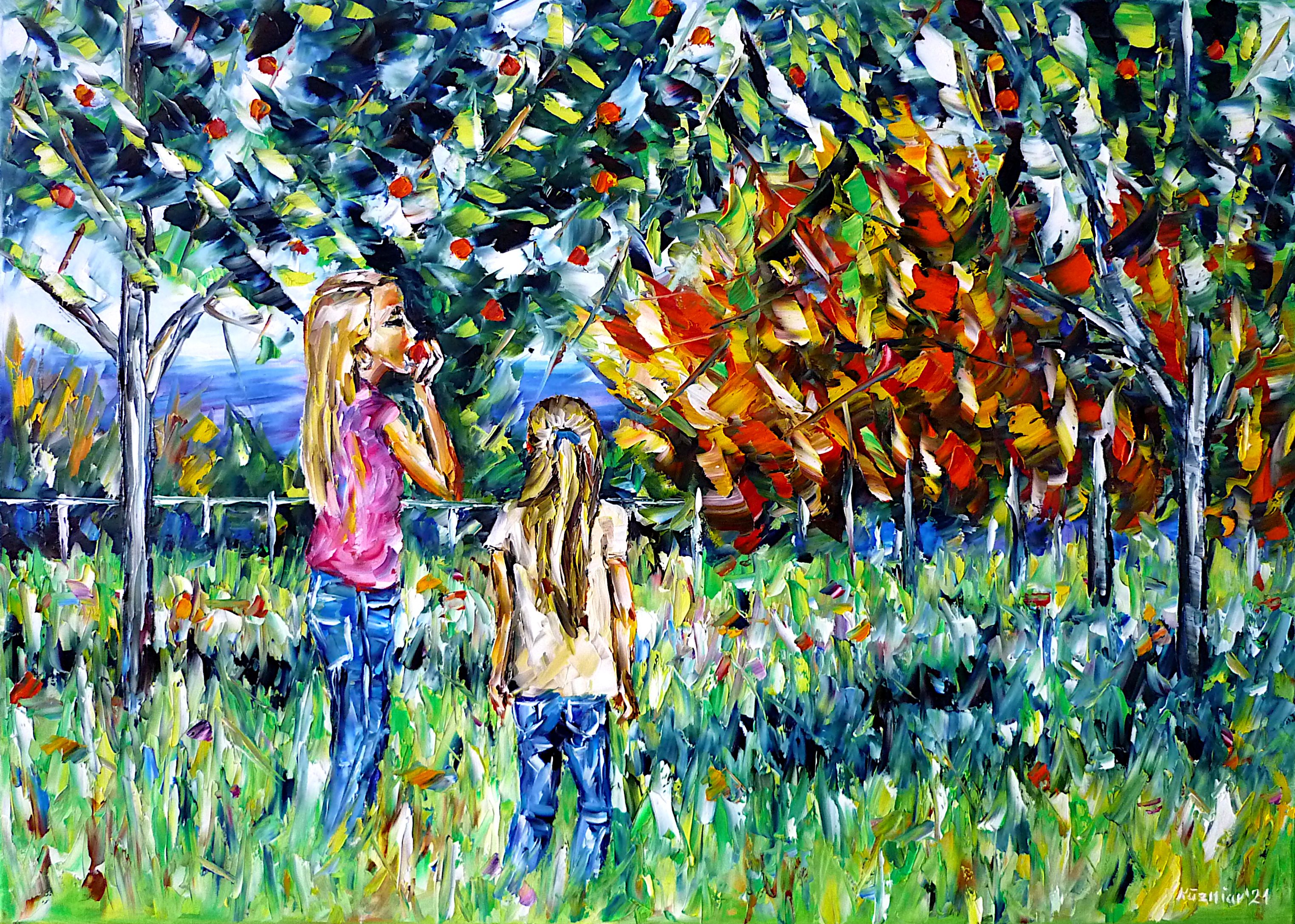 children in the garden,children in the orchard,young girls in the garden,joy of children,children’s life,happy life,children in nature,garden landscape,children’s painting,blonde children,young blonde girls,child with apple,child with fruit,garden picture,garden painting,green garden,apple trees,happy children,healthy children,children's picture,children in the countryside,two sisters,happy times,happiness,siblings,joy,friendly picture,friendly painting,peace,peaceful picture,peaceful painting,palette knife oil painting,modernart,impressionism,expressionism,figurative,abstract painting,lively colours,colorful painting,bright colors,light reflections,impasto painting,living room art,living room picture,living room painting